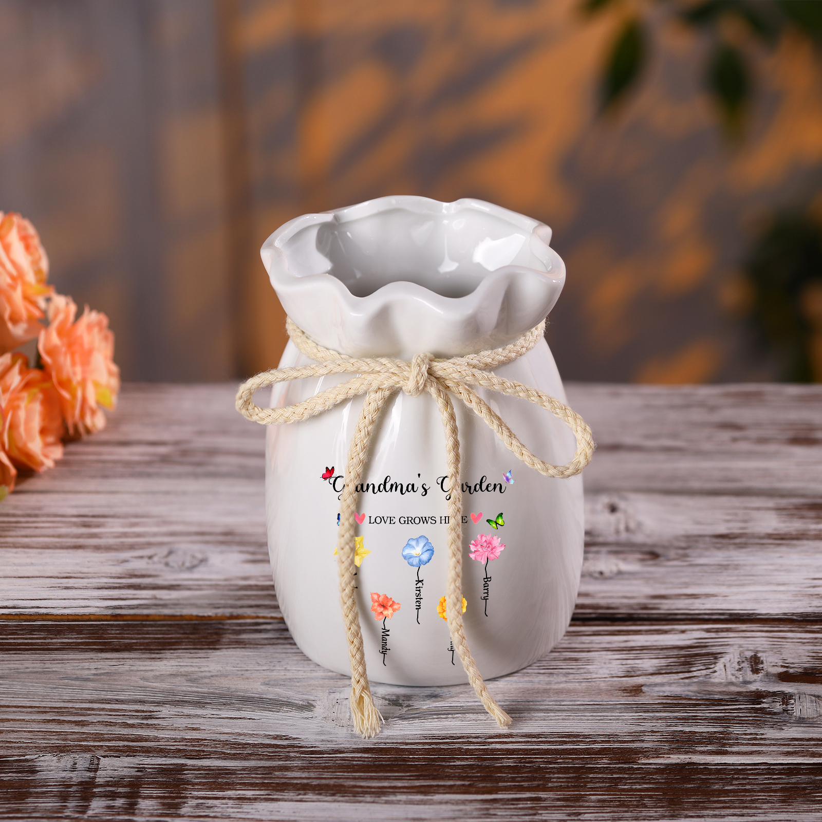 Personalisierte 2 Texte & 5 Namen & 5 Geburtsblumen -Omas Garten-Blumen Vase in 2 Größe für Mama/Oma 