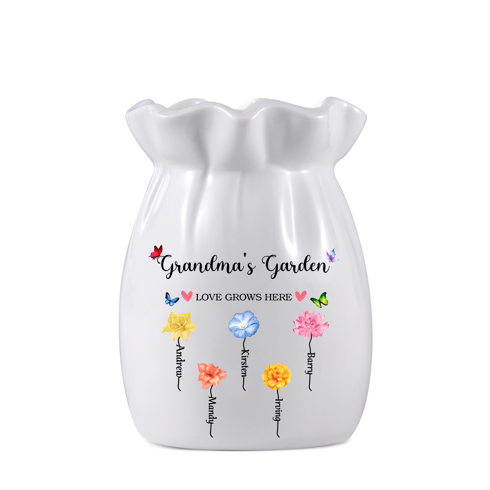 Personalisierte 2 Texte & 5 Namen & 5 Geburtsblumen -Omas Garten-Blumen Vase in 2 Größe für Mama/Oma 