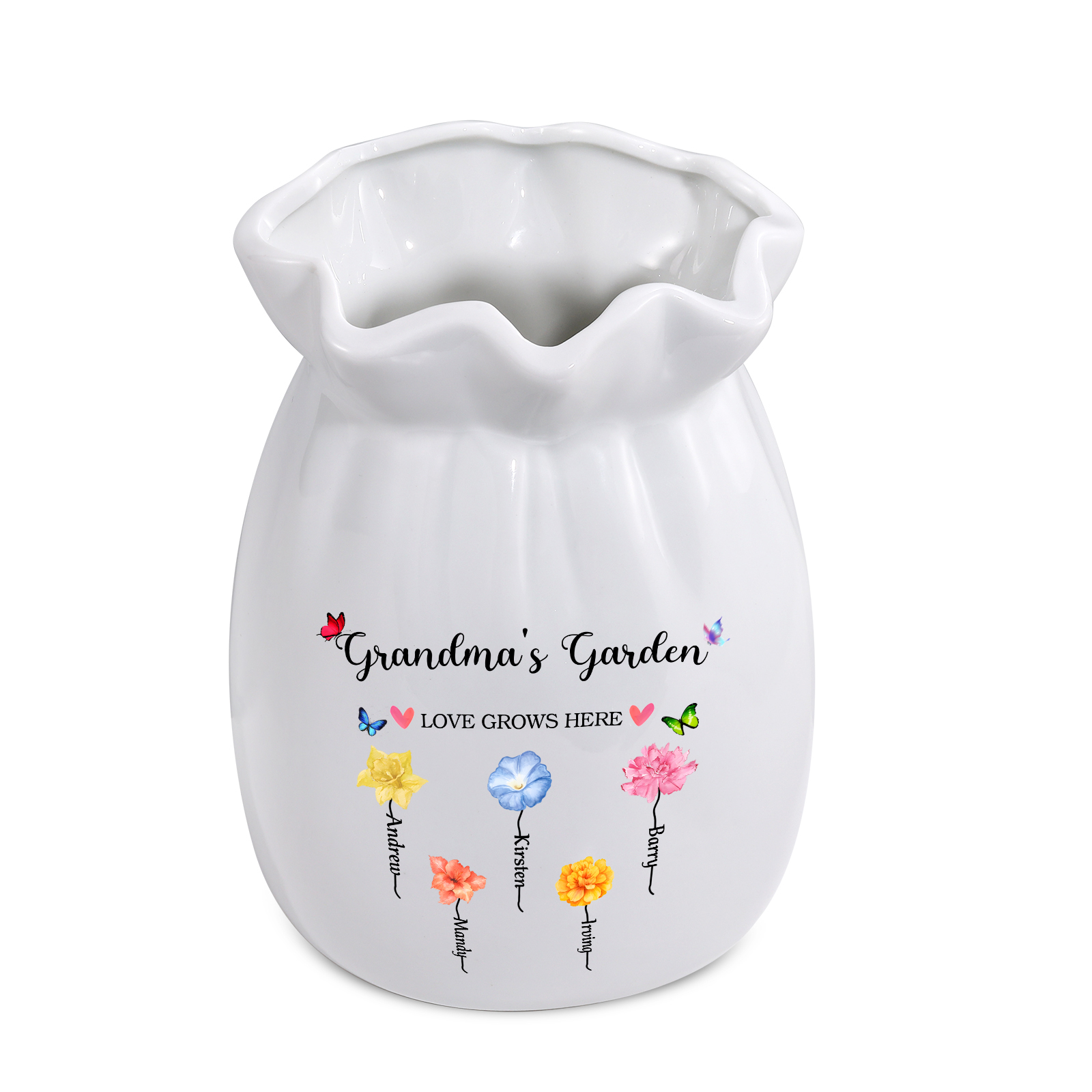 Personalisierte 2 Texte & 5 Namen & 5 Geburtsblumen -Omas Garten-Blumen Vase in 2 Größe für Mama/Oma 