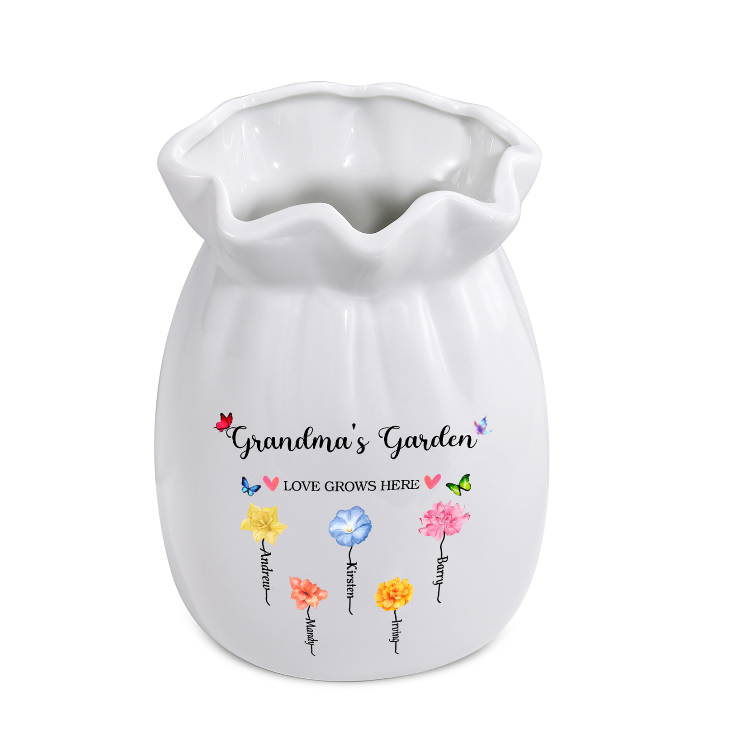 Personalisierte 2 Texte & 5 Namen & 5 Geburtsblumen -Omas Garten-Blumen Vase in 2 Größe für Mama/Oma 