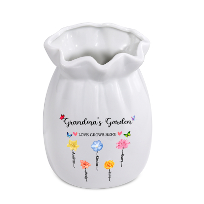 Personalisierte 2 Texte & 5 Namen & 5 Geburtsblumen -Omas Garten-Blumen Vase in 2 Größe für Mama/Oma 