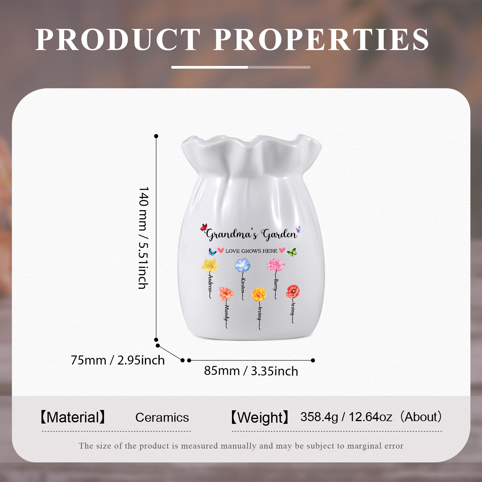 Personalisierte 2 Texte & 6 Namen & 6 Geburtsblumen -Omas Garten-Blumen Vase in 2 Größe für Mama/Oma 