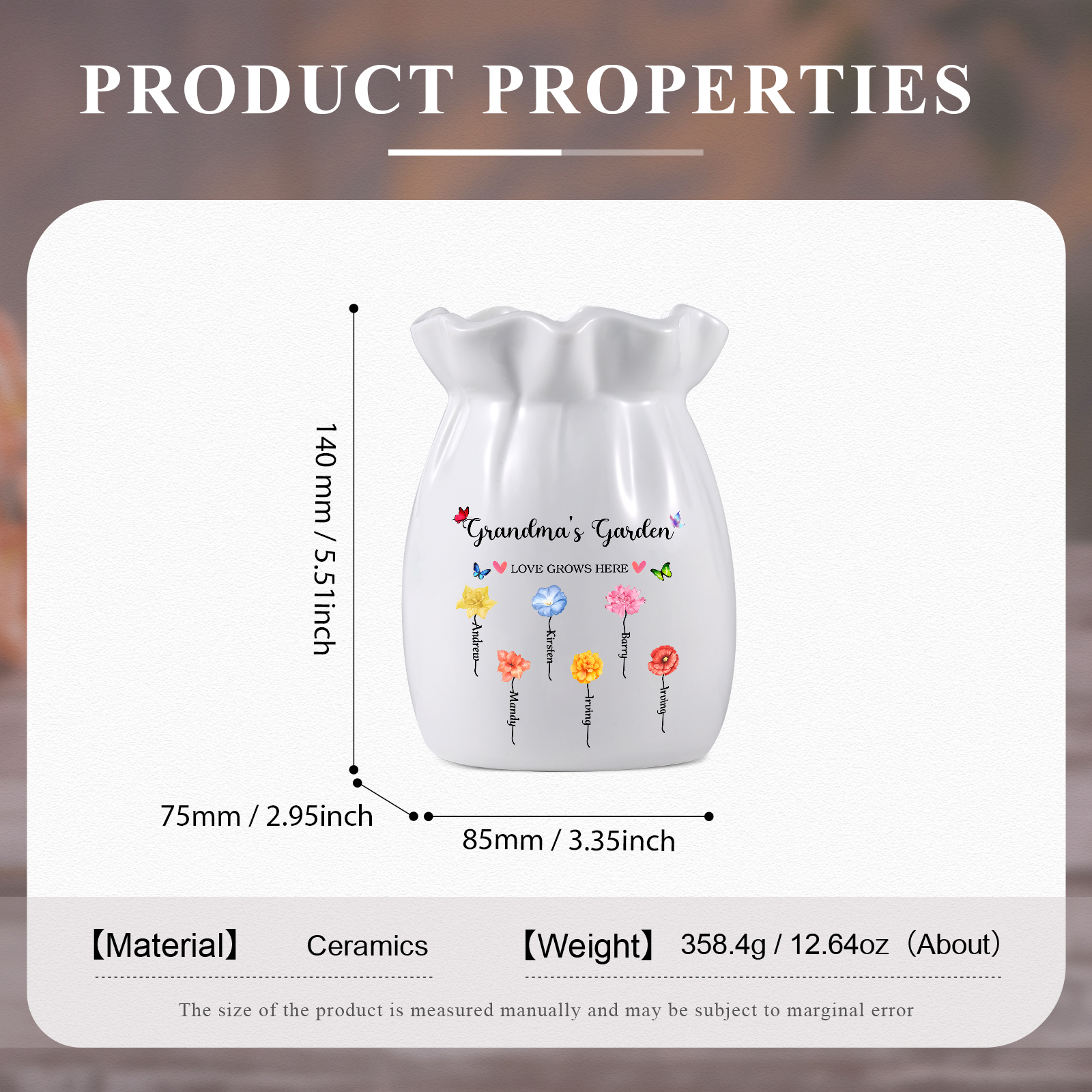Personalisierte 2 Texte & 6 Namen & 6 Geburtsblumen -Omas Garten-Blumen Vase in 2 Größe für Mama/Oma 