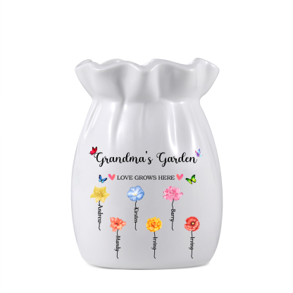 Personalisierte 2 Texte & 6 Namen & 6 Geburtsblumen -Omas Garten-Blumen Vase in 2 Größe für Mama/Oma 