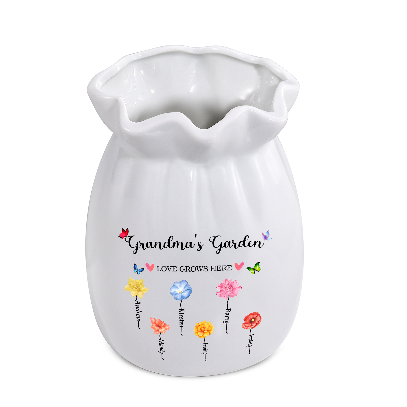 Personalisierte 2 Texte & 6 Namen & 6 Geburtsblumen -Omas Garten-Blumen Vase in 2 Größe für Mama/Oma 