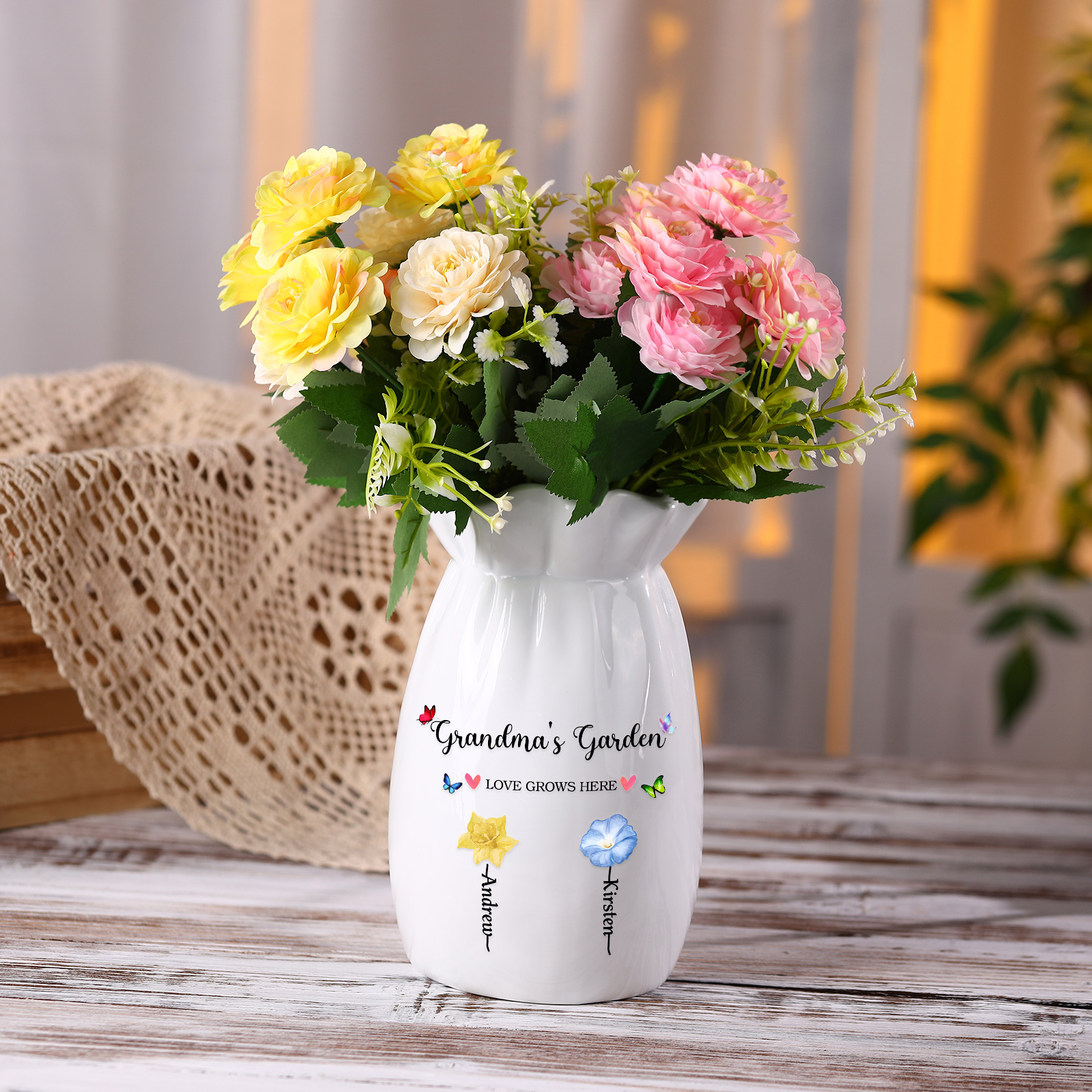 Personalisierte 2 Texte & 2 Namen & 2 Geburtsblumen -Omas Garten-Blumen Vase in 2 Größe für Mama/Oma 