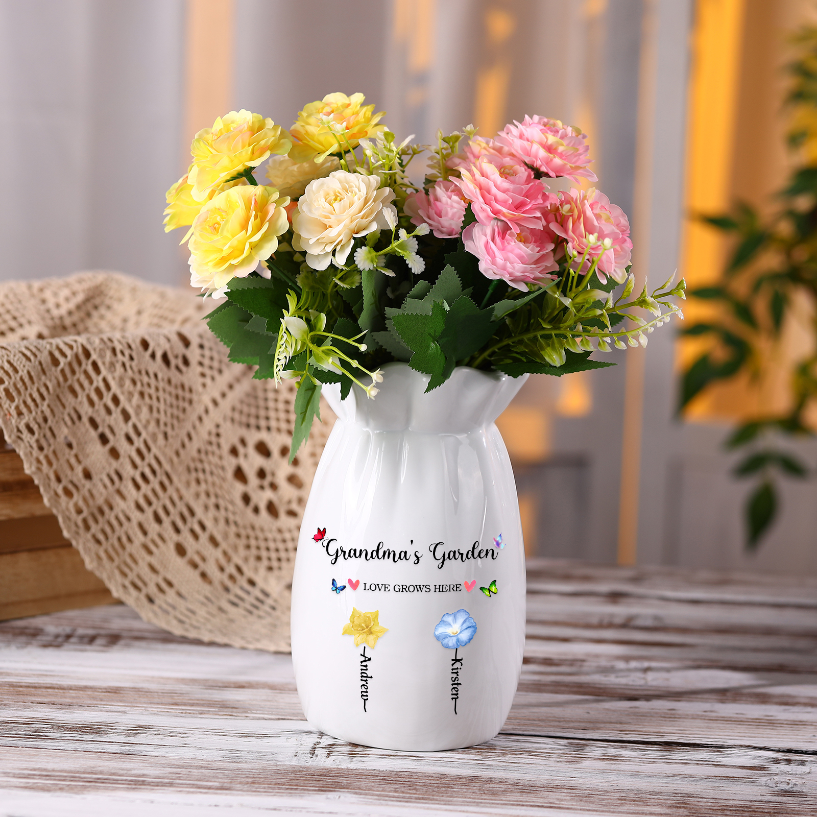 Personalisierte 2 Texte & 2 Namen & 2 Geburtsblumen -Omas Garten-Blumen Vase in 2 Größe für Mama/Oma 