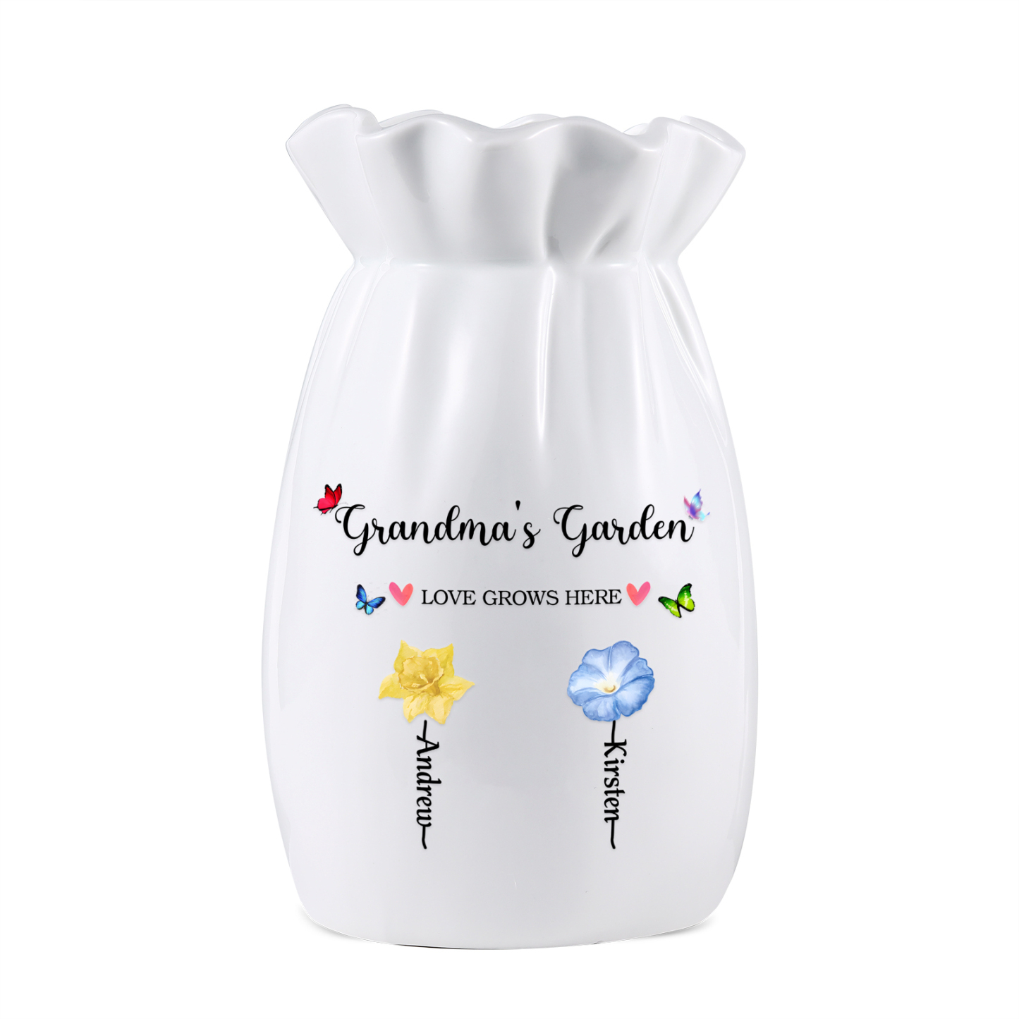 Personalisierte 2 Texte & 2 Namen & 2 Geburtsblumen -Omas Garten-Blumen Vase in 2 Größe für Mama/Oma 