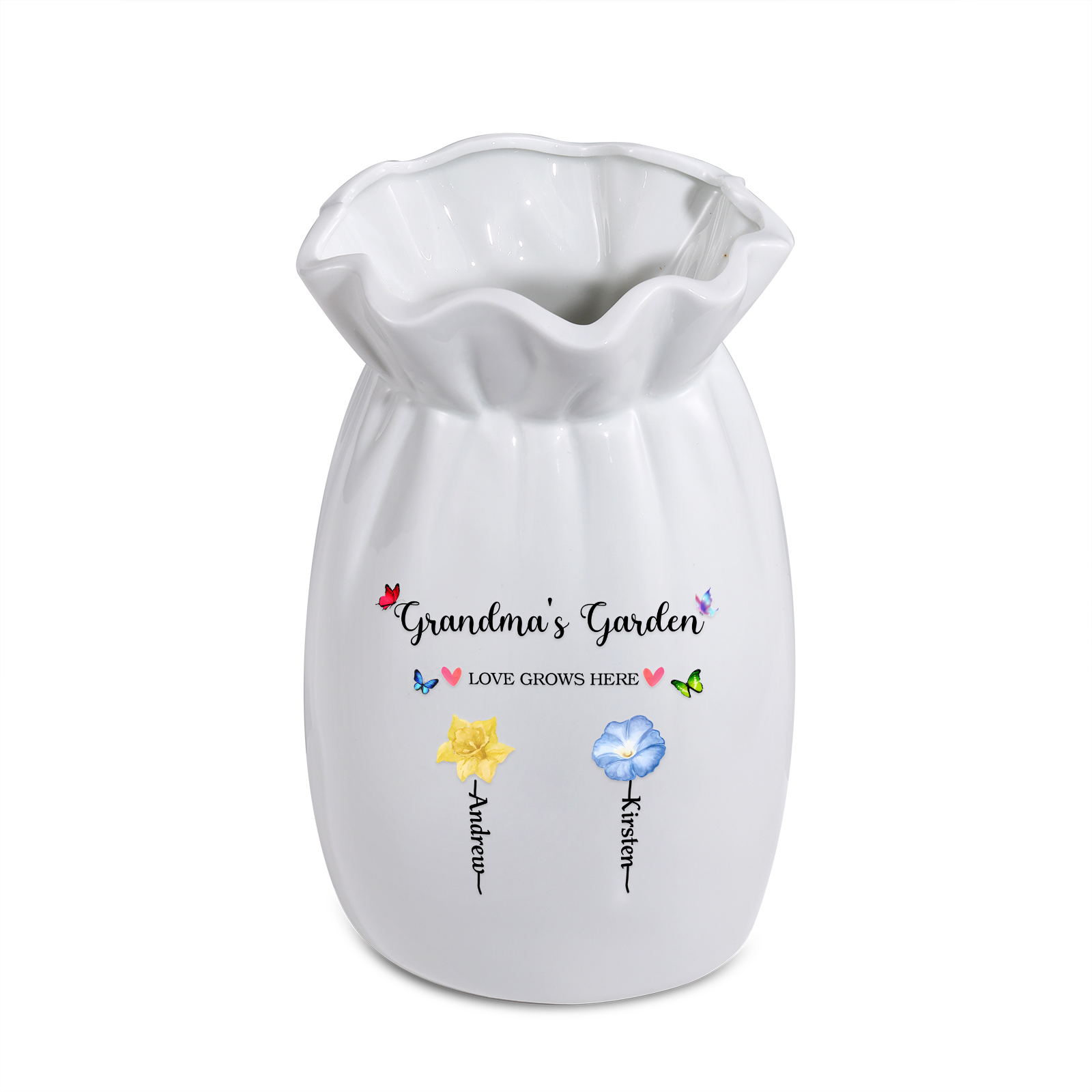 Personalisierte 2 Texte & 2 Namen & 2 Geburtsblumen -Omas Garten-Blumen Vase in 2 Größe für Mama/Oma 