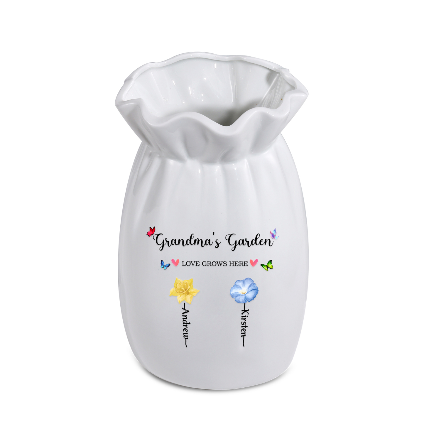 Personalisierte 2 Texte & 2 Namen & 2 Geburtsblumen -Omas Garten-Blumen Vase in 2 Größe für Mama/Oma 