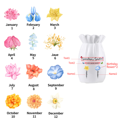 Personalisierte 2 Texte & 2 Namen & 2 Geburtsblumen -Omas Garten-Blumen Vase in 2 Größe für Mama/Oma 