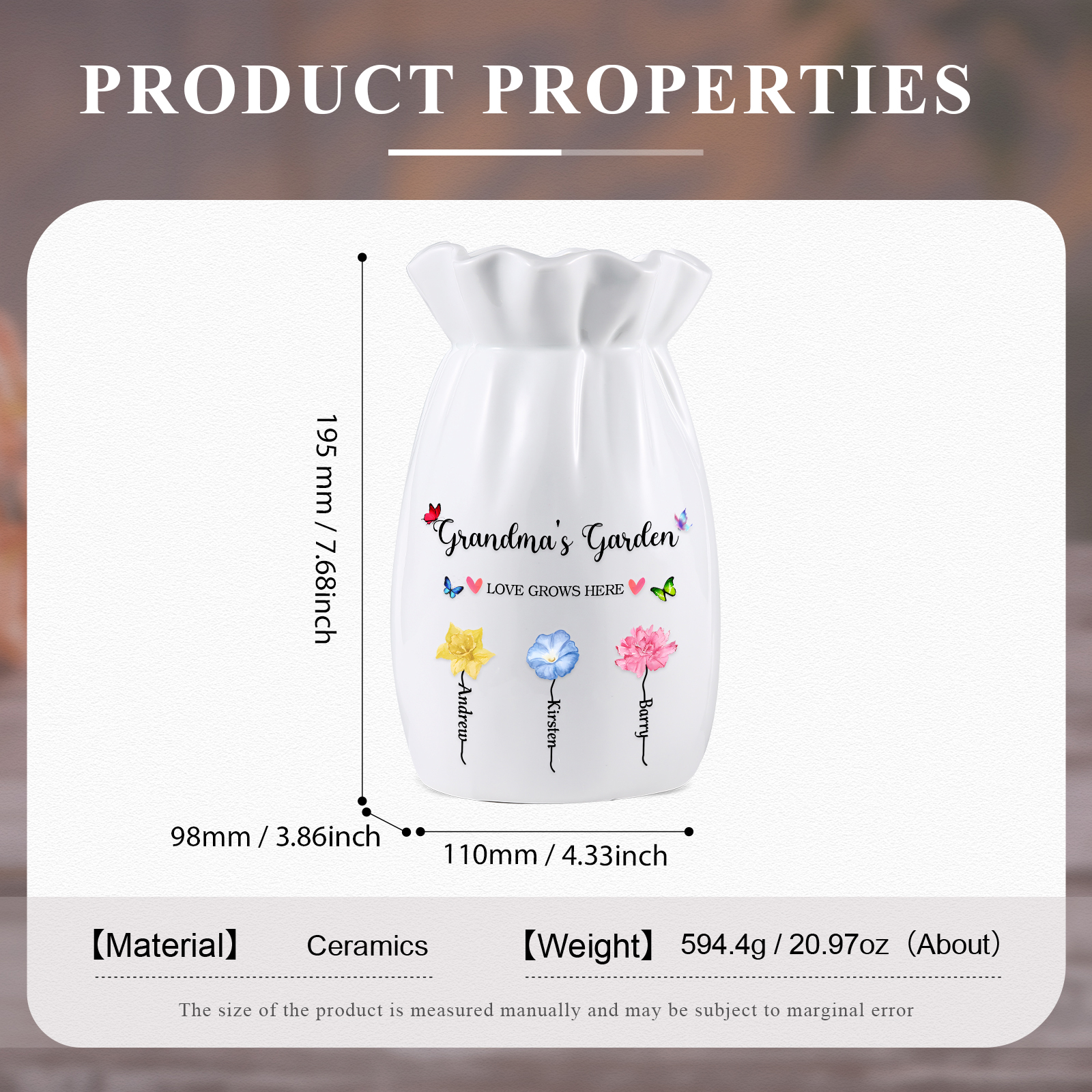 Personalisierte 2 Texte & 3 Namen & 3 Geburtsblumen -Omas Garten-Blumen Vase in 2 Größe für Mama/Oma 