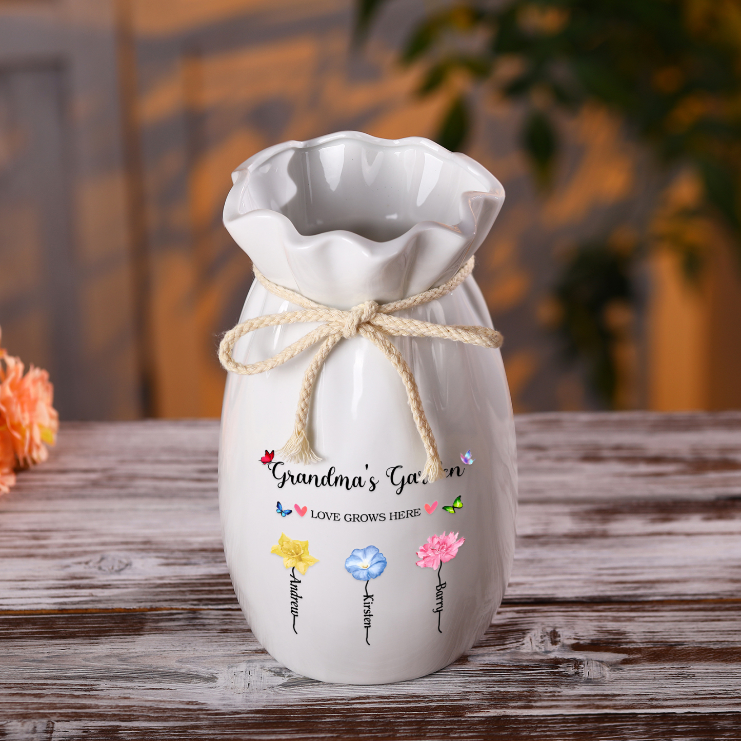 Personalisierte 2 Texte & 3 Namen & 3 Geburtsblumen -Omas Garten-Blumen Vase in 2 Größe für Mama/Oma 
