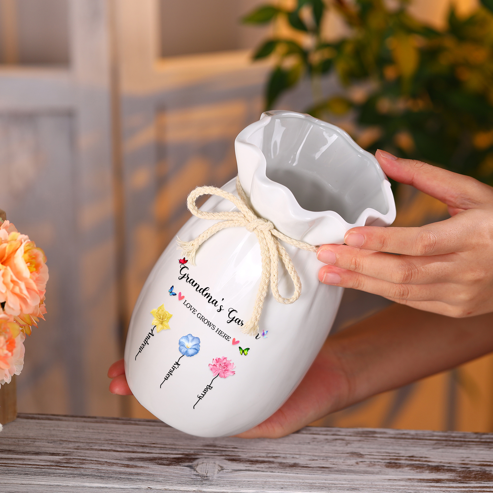 Personalisierte 2 Texte & 3 Namen & 3 Geburtsblumen -Omas Garten-Blumen Vase in 2 Größe für Mama/Oma 