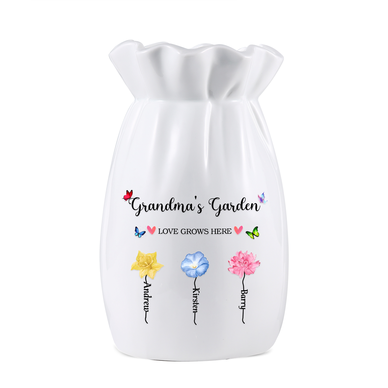 Personalisierte 2 Texte & 3 Namen & 3 Geburtsblumen -Omas Garten-Blumen Vase in 2 Größe für Mama/Oma 