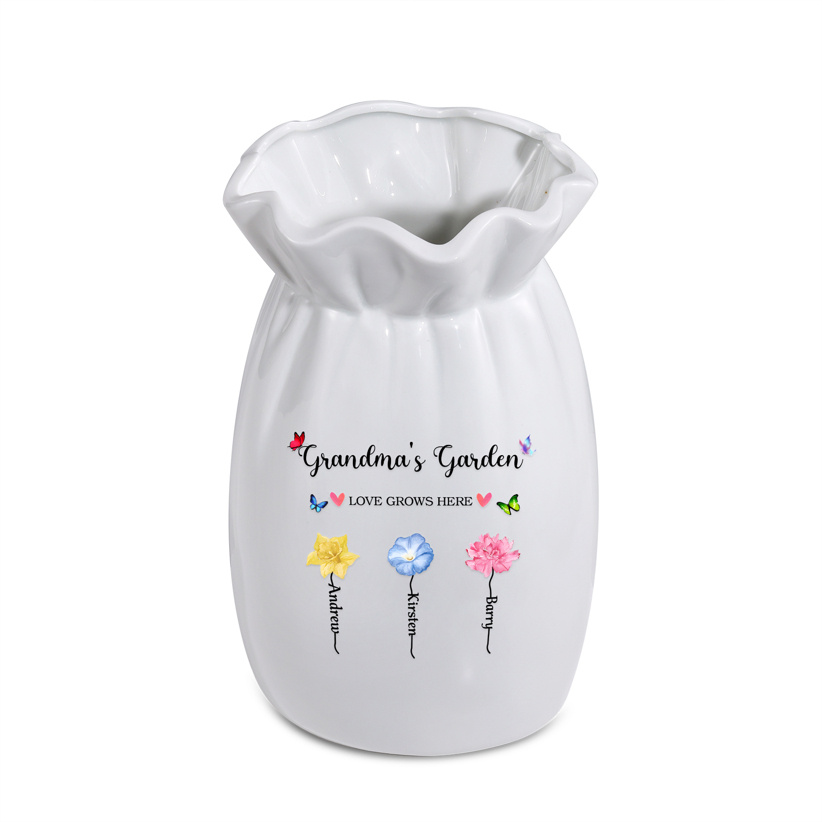 Personalisierte 2 Texte & 3 Namen & 3 Geburtsblumen -Omas Garten-Blumen Vase in 2 Größe für Mama/Oma 