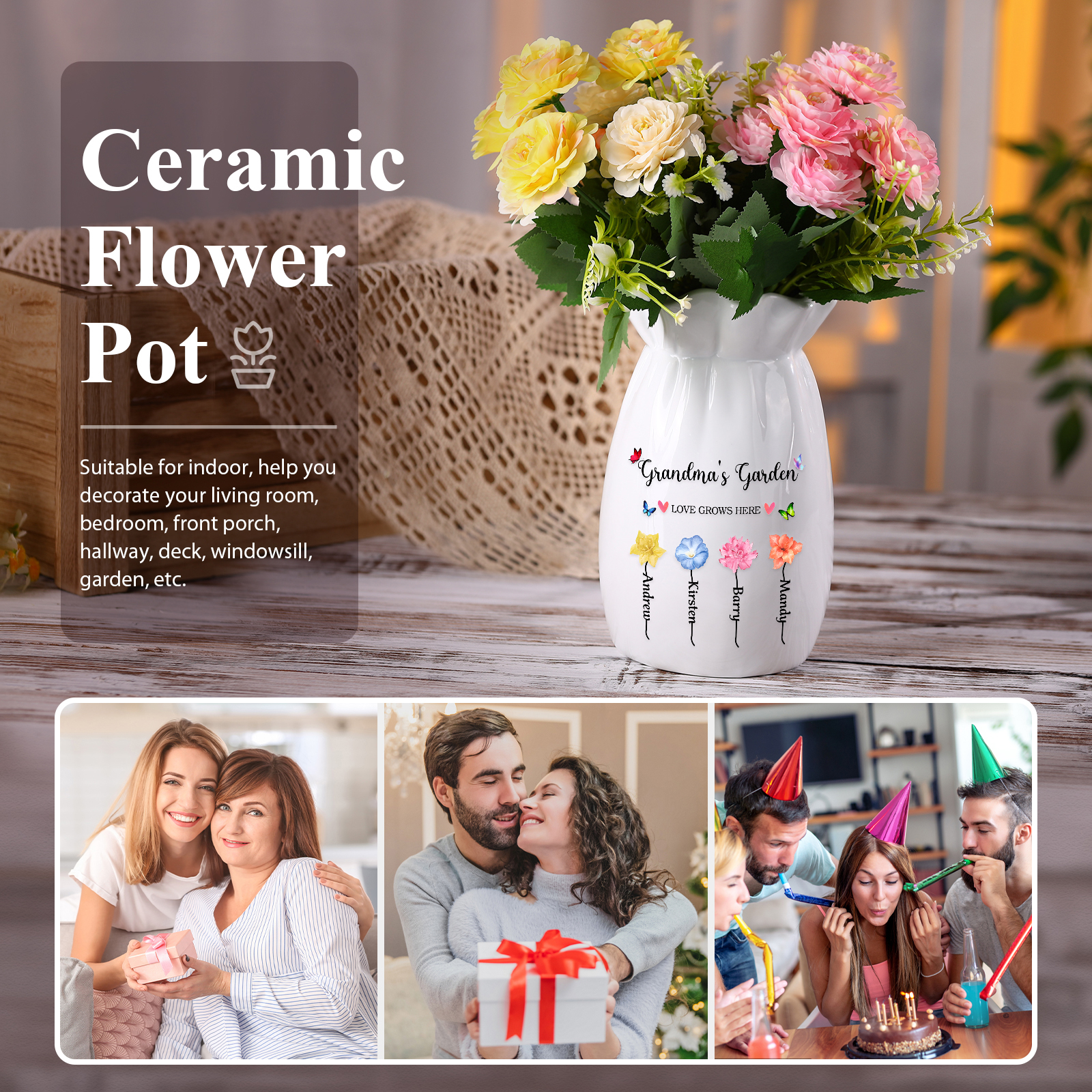 Personalisierte 2 Texte & 4 Namen & 4 Geburtsblumen -Omas Garten-Blumen Vase in 2 Größe für Mama/Oma 