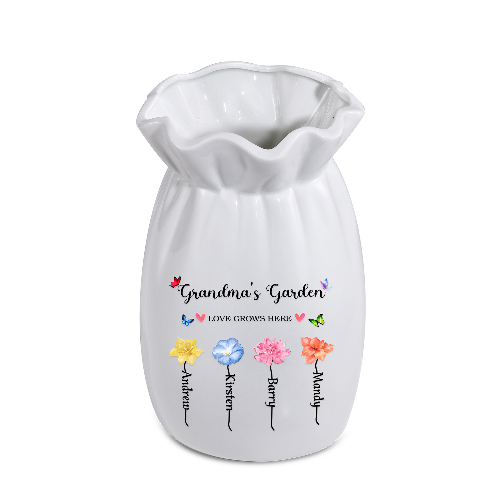 Personalisierte 2 Texte & 4 Namen & 4 Geburtsblumen -Omas Garten-Blumen Vase in 2 Größe für Mama/Oma 