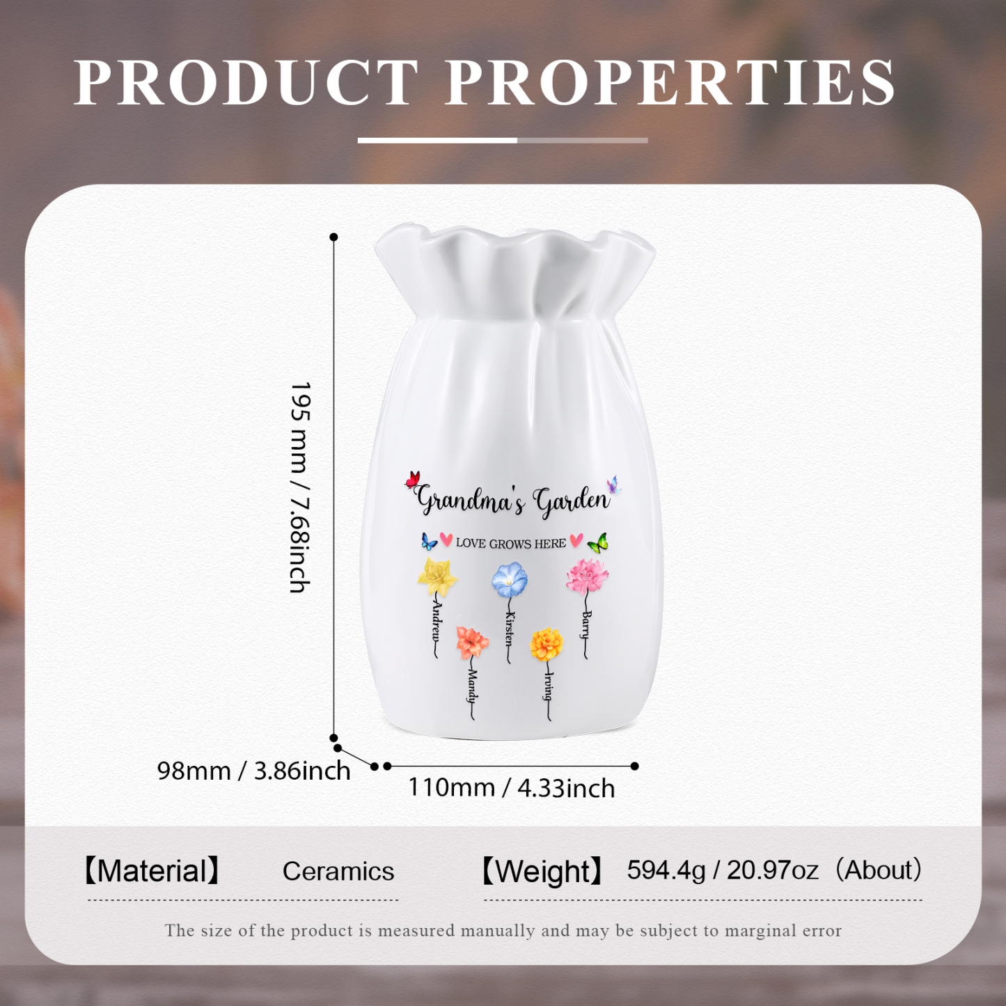 Personalisierte 2 Texte & 5 Namen & 5 Geburtsblumen -Omas Garten-Blumen Vase in 2 Größe für Mama/Oma 