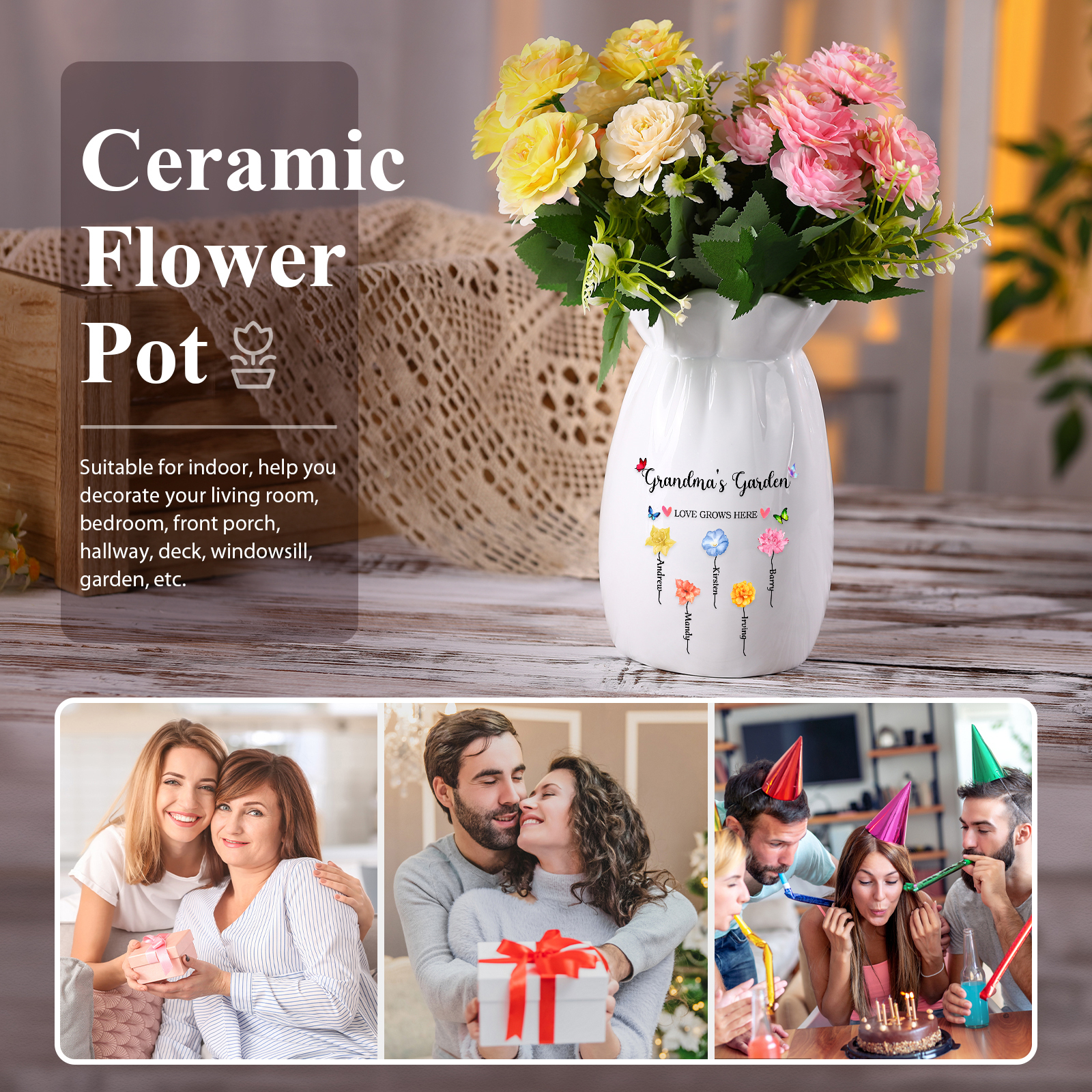 Personalisierte 2 Texte & 5 Namen & 5 Geburtsblumen -Omas Garten-Blumen Vase in 2 Größe für Mama/Oma 