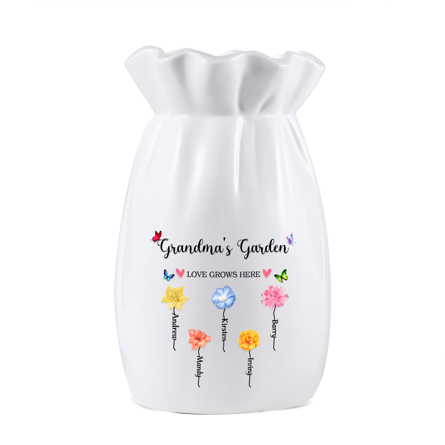 Personalisierte 2 Texte & 5 Namen & 5 Geburtsblumen -Omas Garten-Blumen Vase in 2 Größe für Mama/Oma 