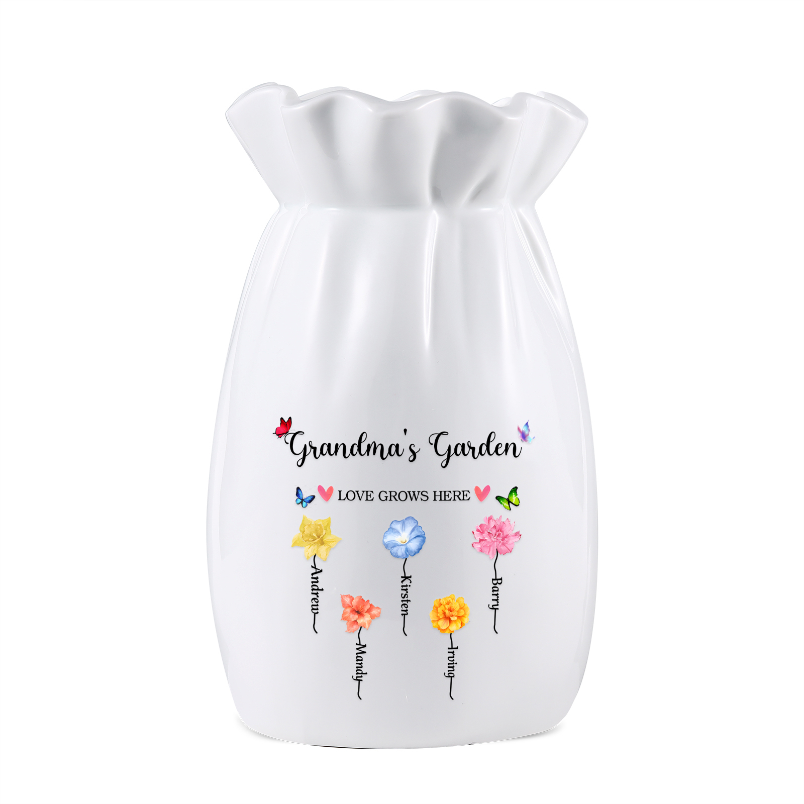 Personalisierte 2 Texte & 5 Namen & 5 Geburtsblumen -Omas Garten-Blumen Vase in 2 Größe für Mama/Oma 