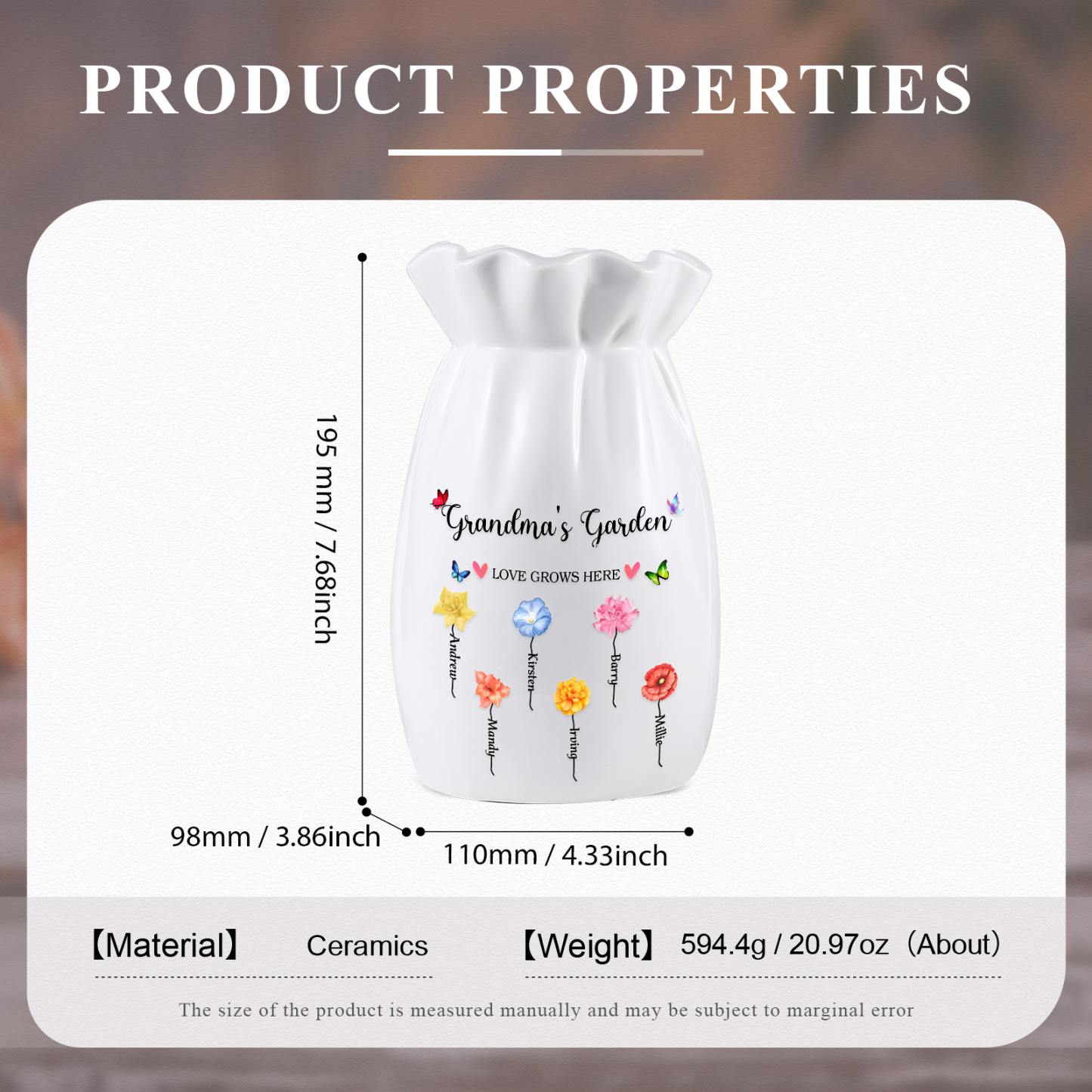 Personalisierte 2 Texte & 6 Namen & 6 Geburtsblumen -Omas Garten-Blumen Vase in 2 Größe für Mama/Oma 