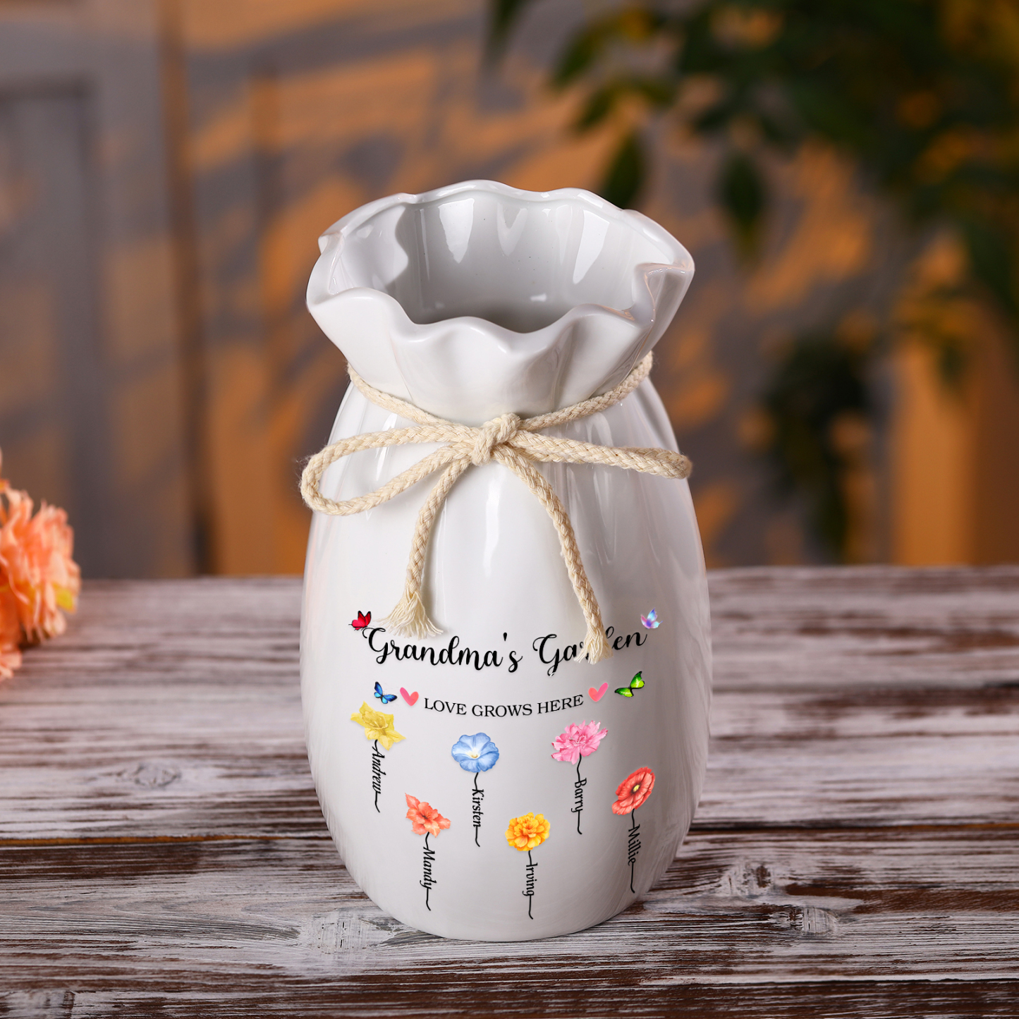 Personalisierte 2 Texte & 6 Namen & 6 Geburtsblumen -Omas Garten-Blumen Vase in 2 Größe für Mama/Oma 