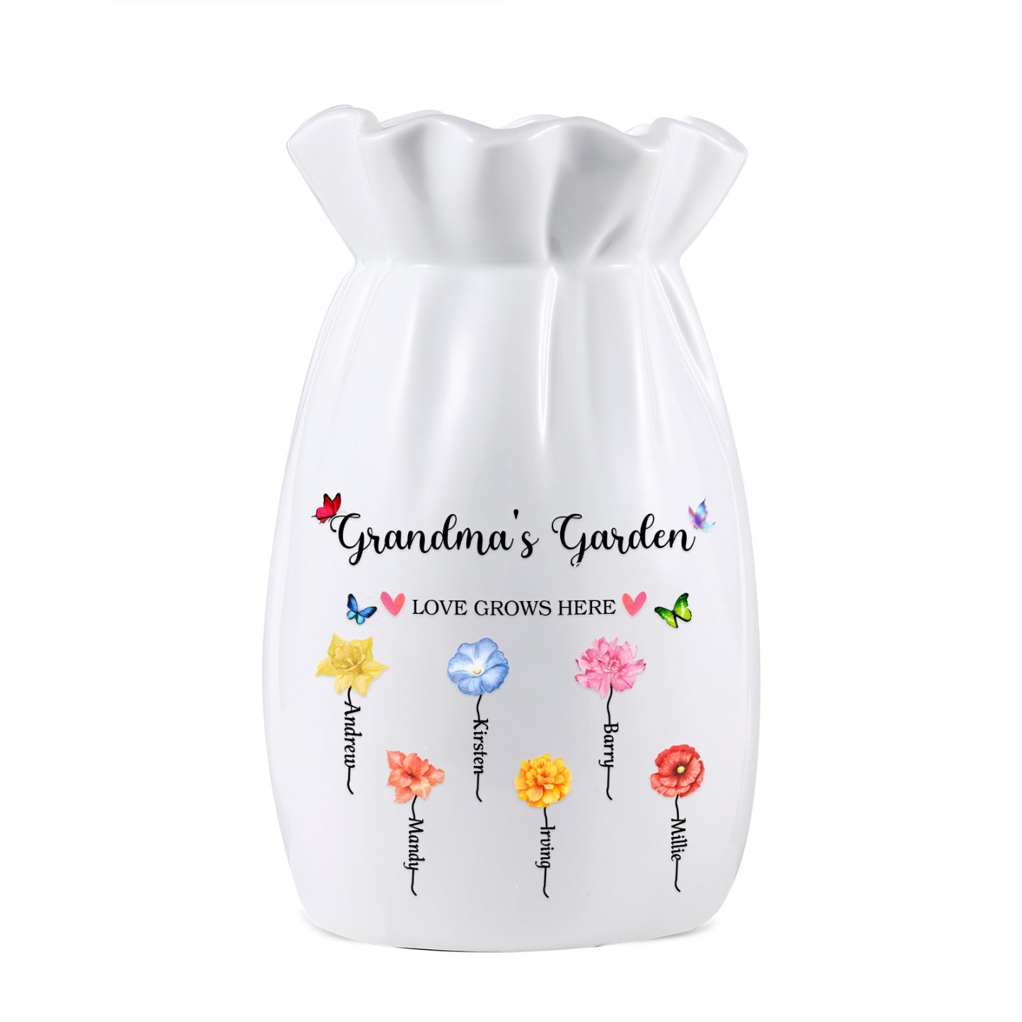 Personalisierte 2 Texte & 6 Namen & 6 Geburtsblumen -Omas Garten-Blumen Vase in 2 Größe für Mama/Oma 