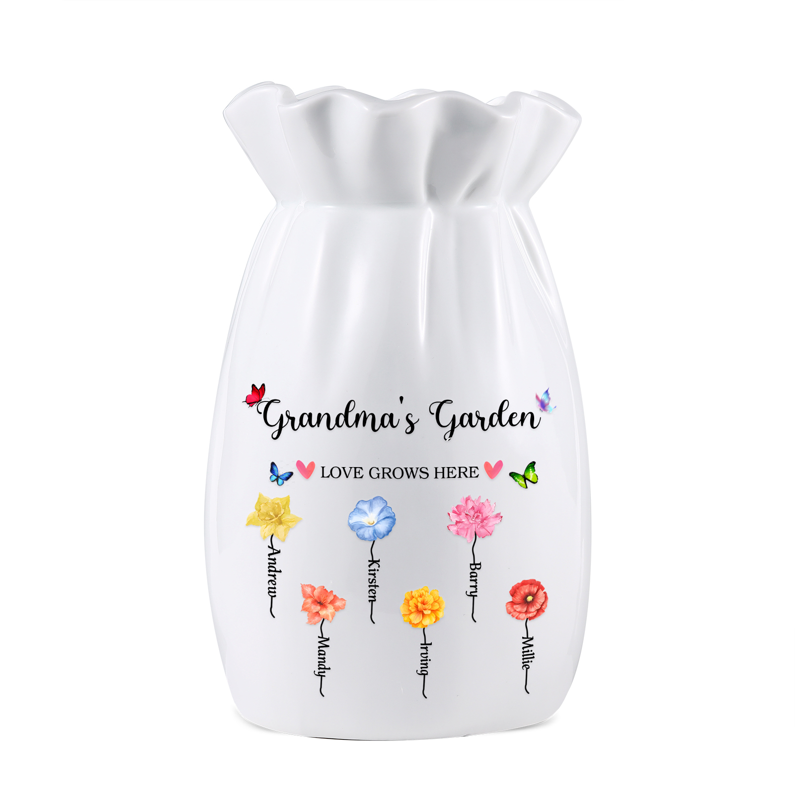 Personalisierte 2 Texte & 6 Namen & 6 Geburtsblumen -Omas Garten-Blumen Vase in 2 Größe für Mama/Oma 