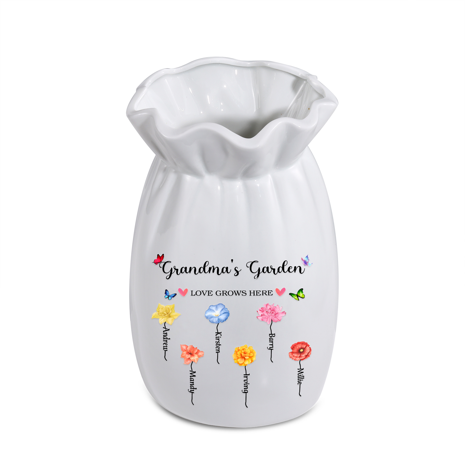 Personalisierte 2 Texte & 6 Namen & 6 Geburtsblumen -Omas Garten-Blumen Vase in 2 Größe für Mama/Oma 