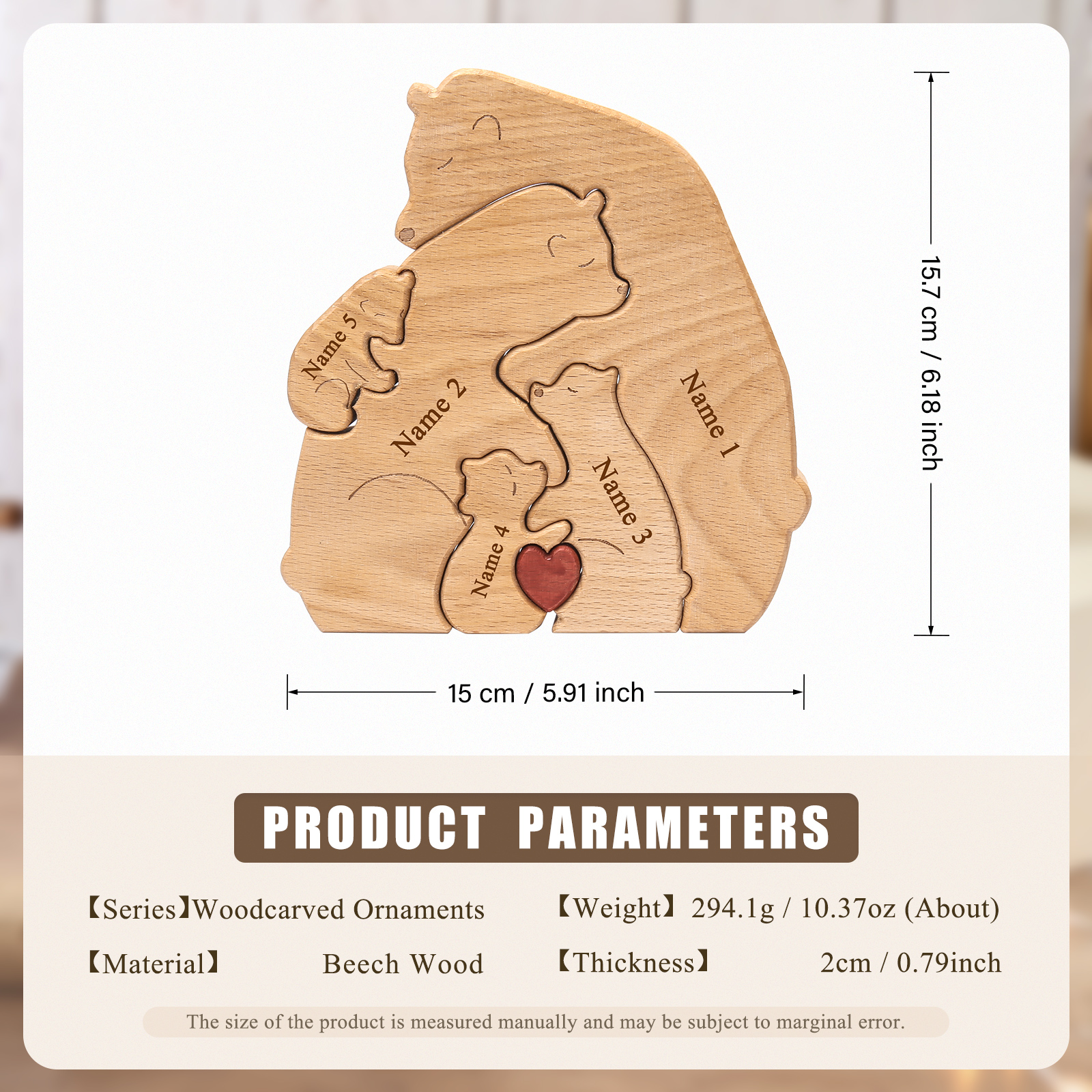 Holzskulptur-Personalisierte 5 Namen Bär Umarmung Familie Holz Deko