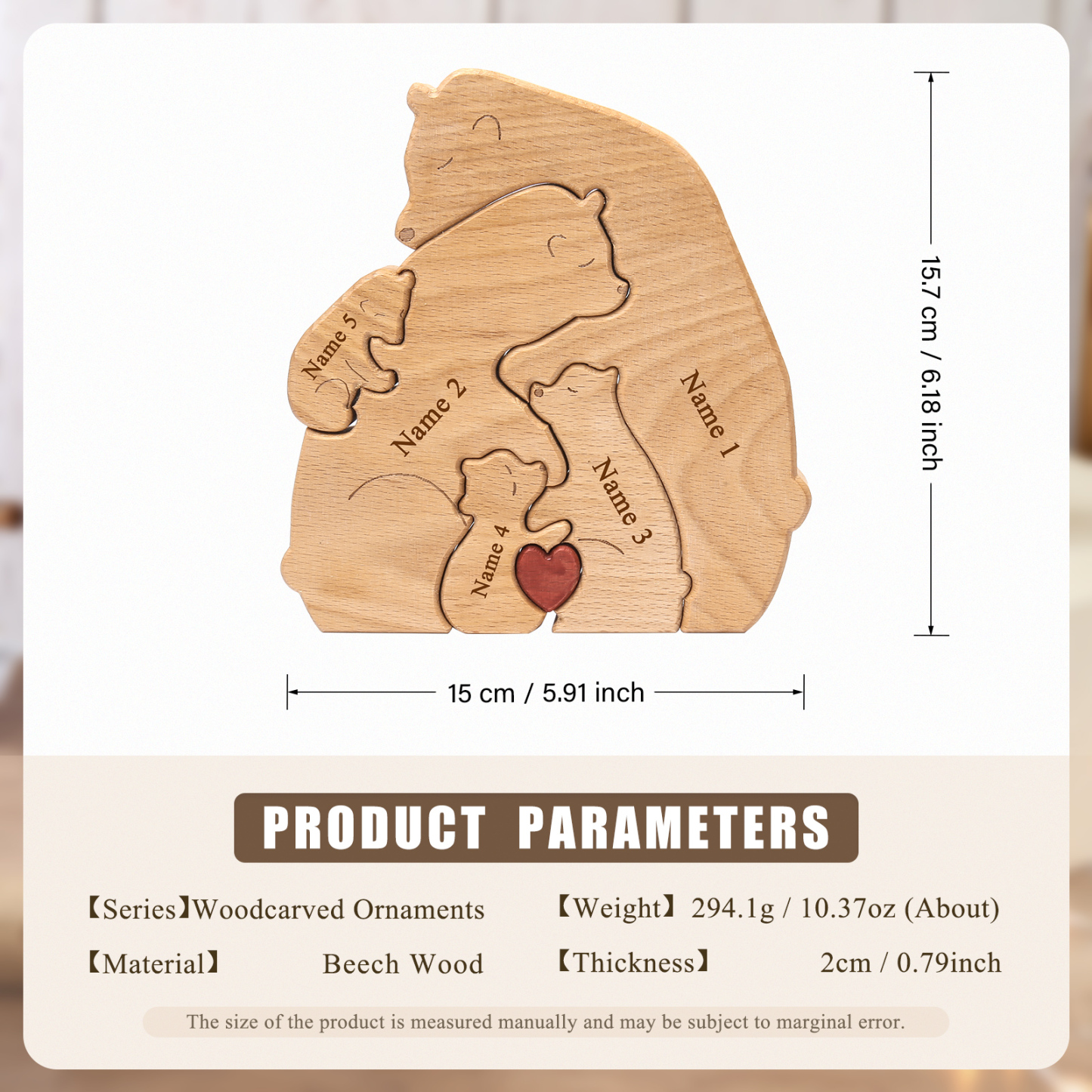 Holzskulptur-Personalisierte 5 Namen Bär Umarmung Familie Holz Deko