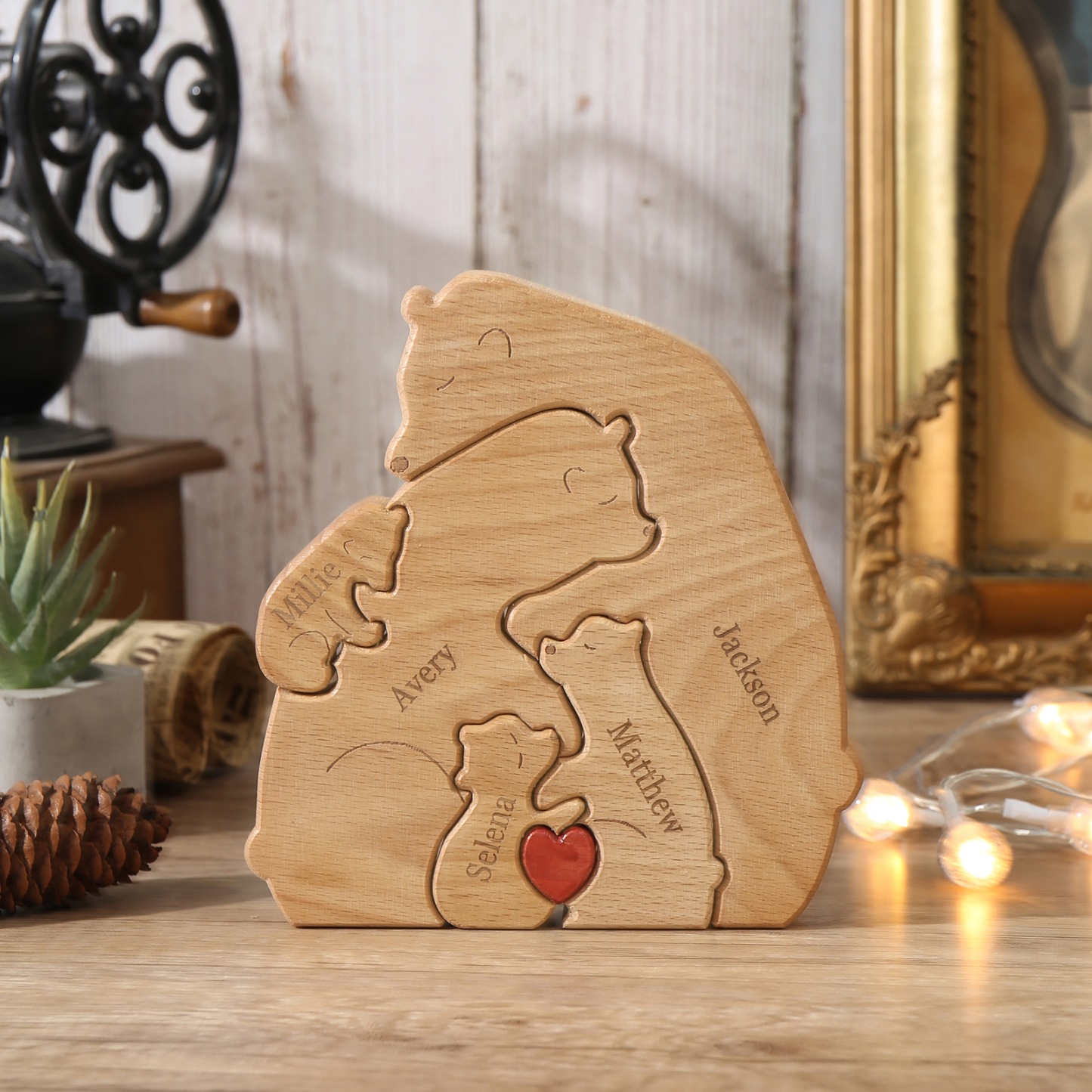Holzskulptur-Personalisierte 5 Namen Bär Umarmung Familie Holz Deko