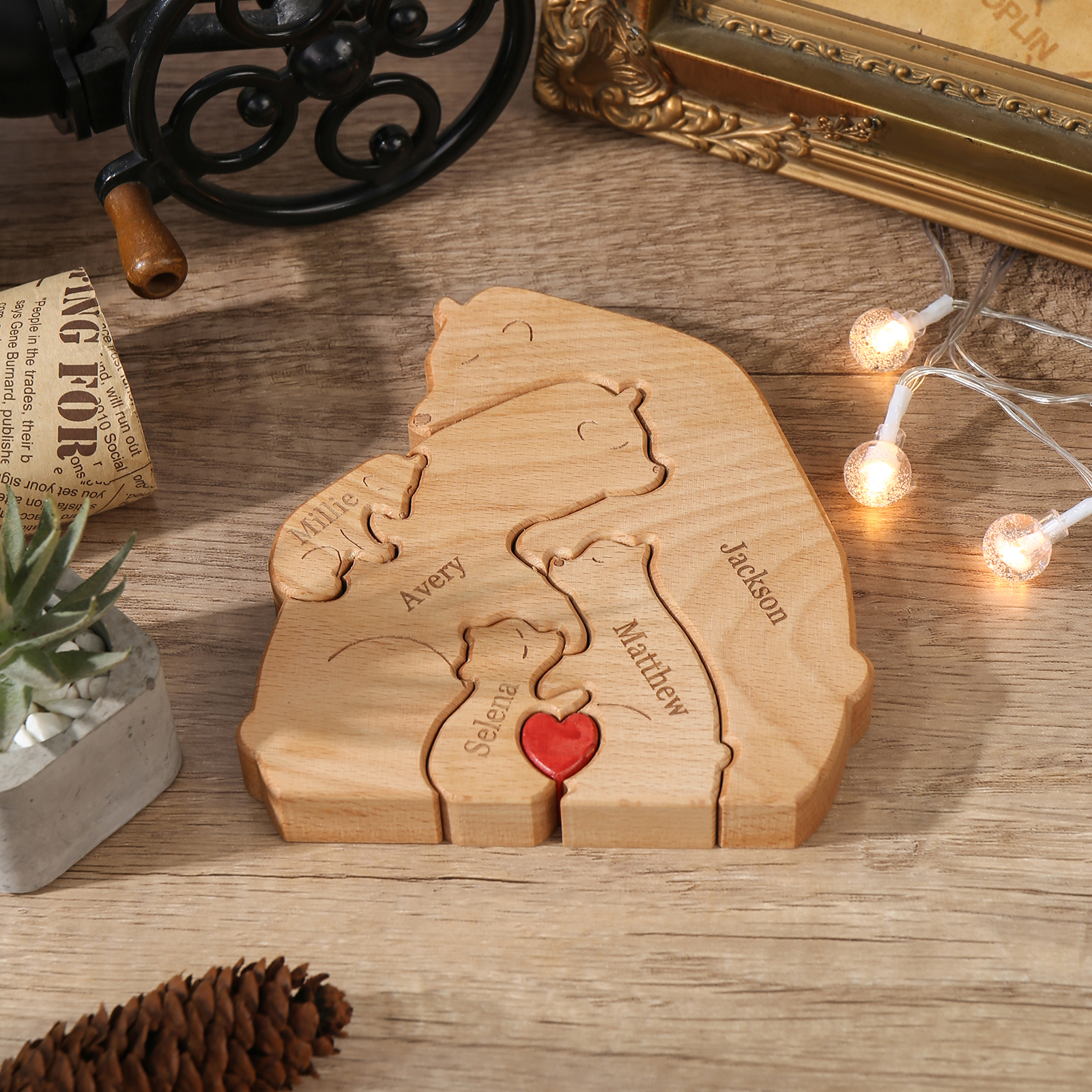 Holzskulptur-Personalisierte 5 Namen Bär Umarmung Familie Holz Deko