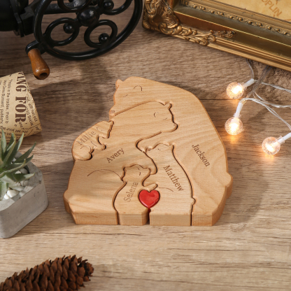 Holzskulptur-Personalisierte 5 Namen Bär Umarmung Familie Holz Deko