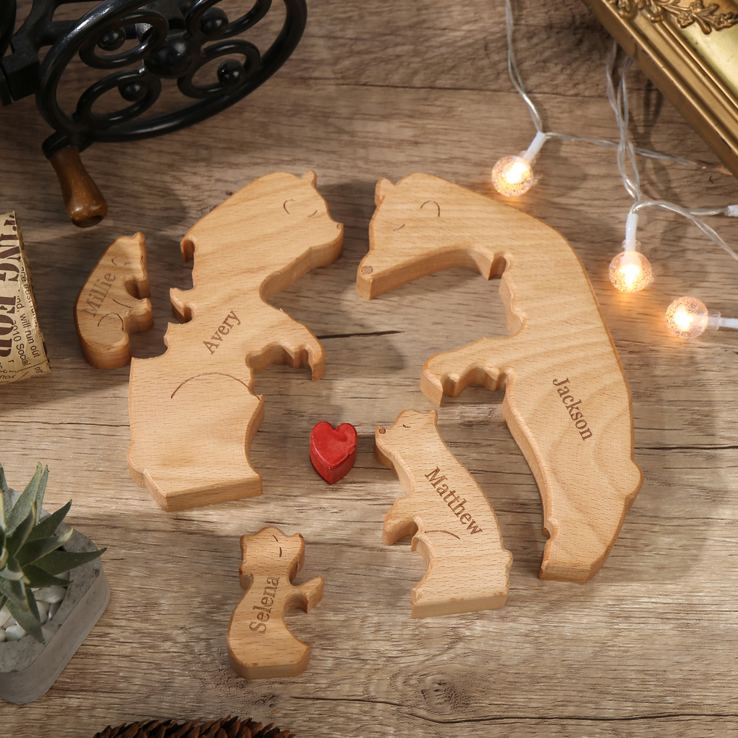 Holzskulptur-Personalisierte 5 Namen Bär Umarmung Familie Holz Deko