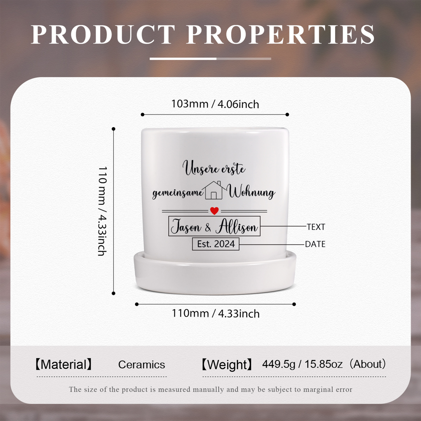 Personalisierbarer Text & Datum Liebespaar Blumentopf Unsere erste gemeinsame Wohnung Einweihungsgeschenk Geschenk für ein neues Zuhause