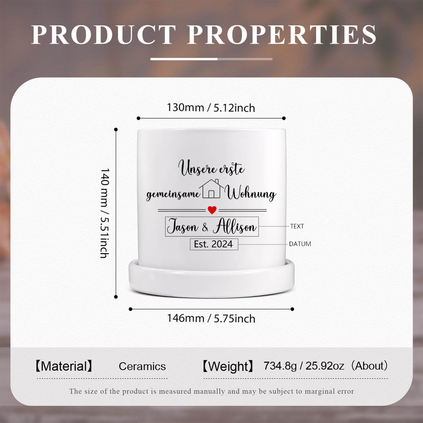 Personalisierbarer Text & Datum Liebespaar Blumentopf Unsere erste gemeinsame Wohnung Einweihungsgeschenk Geschenk für ein neues Zuhause