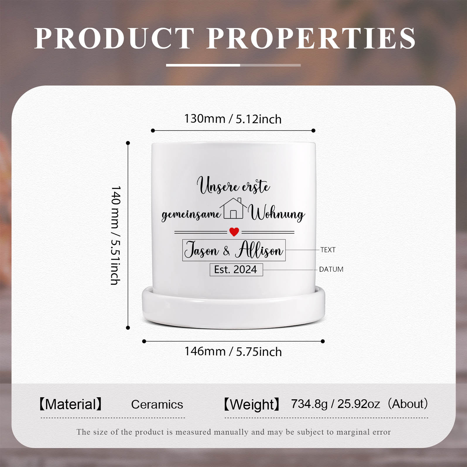 Personalisierbarer Text & Datum Liebespaar Blumentopf Unsere erste gemeinsame Wohnung Einweihungsgeschenk Geschenk für ein neues Zuhause