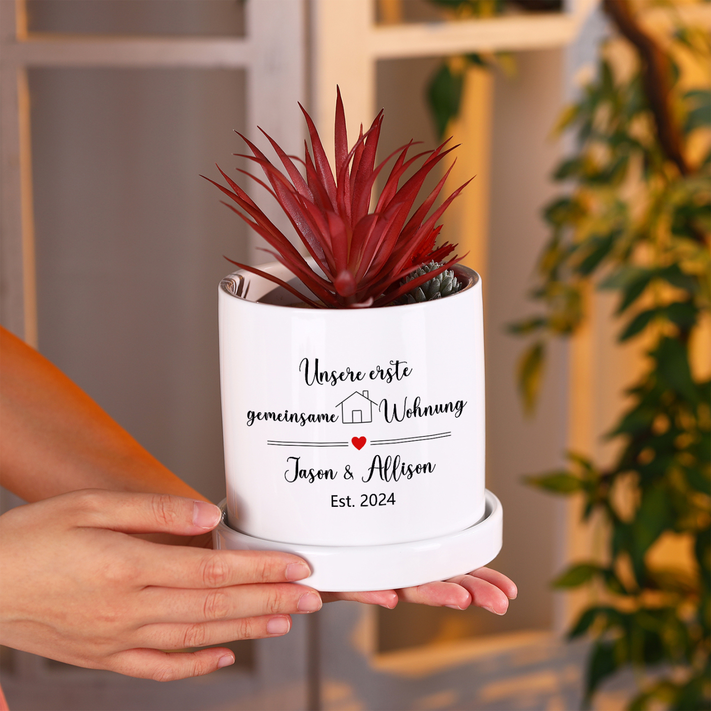 Personalisierbarer Text & Datum Liebespaar Blumentopf Unsere erste gemeinsame Wohnung Einweihungsgeschenk Geschenk für ein neues Zuhause