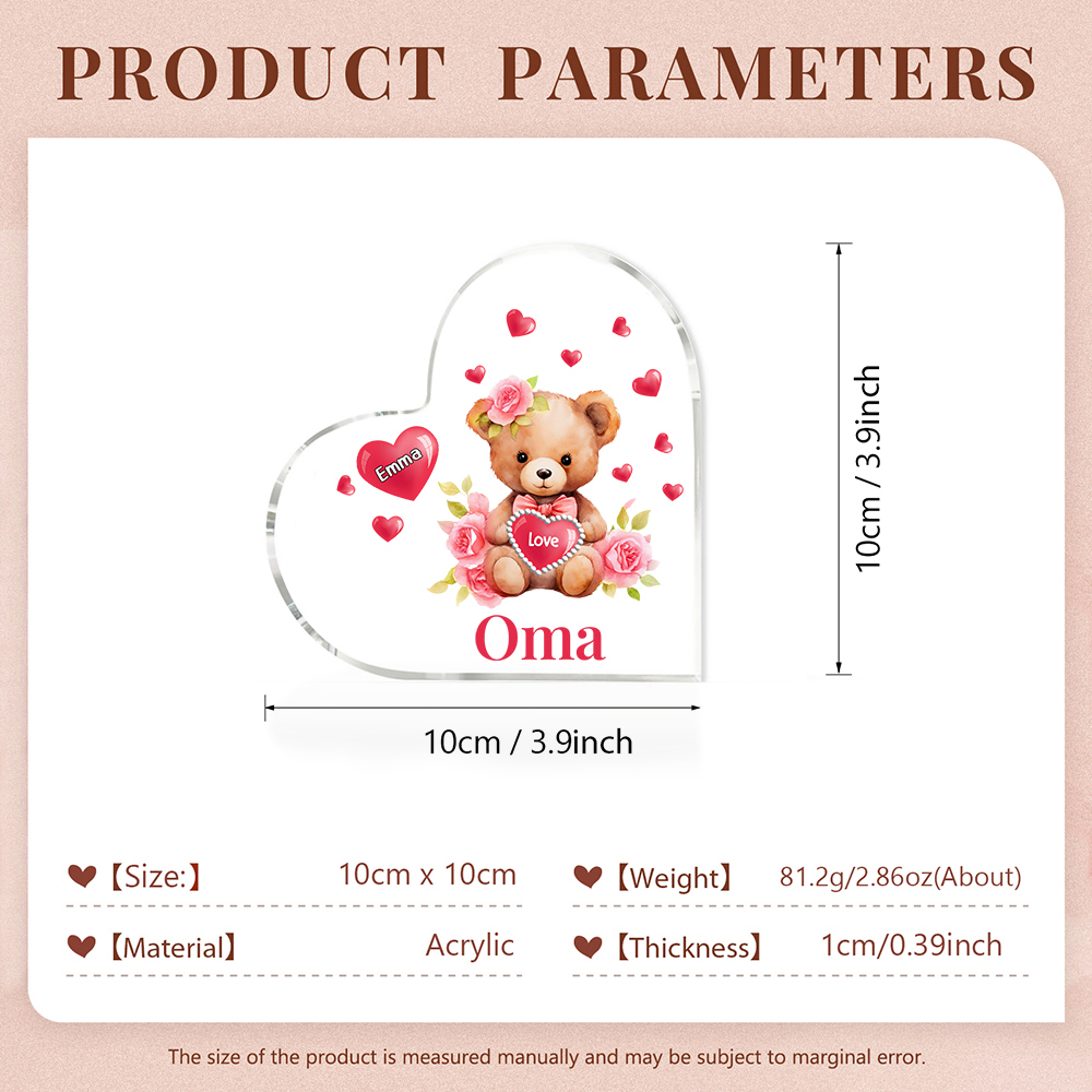 Personalisierter 1 Name & Text & Teddybär-Motiv Herz Acryl-Deko– Perfektes Geschenk für Oma Großmutter