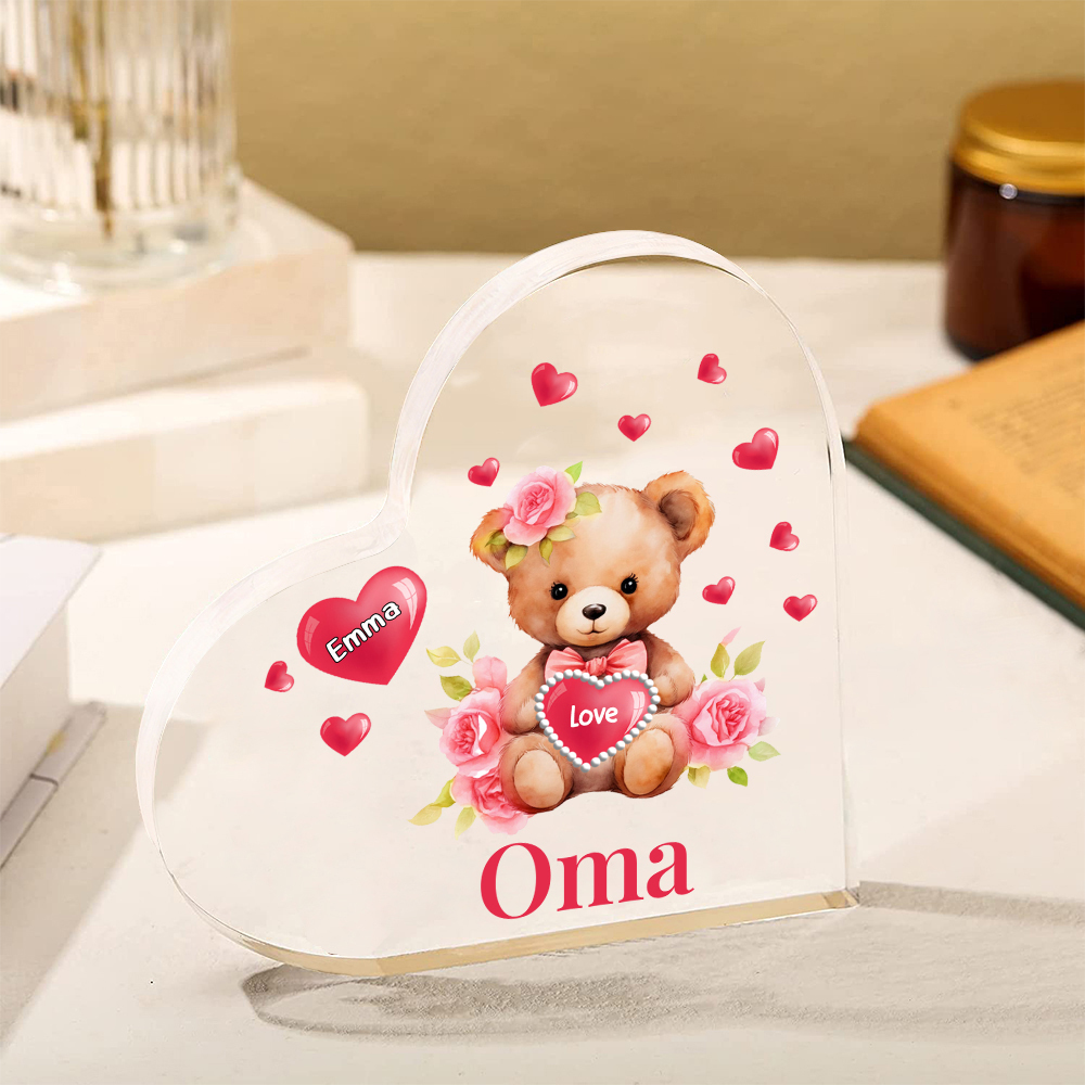 Personalisierter 1 Name & Text & Teddybär-Motiv Herz Acryl-Deko– Perfektes Geschenk für Oma Großmutter
