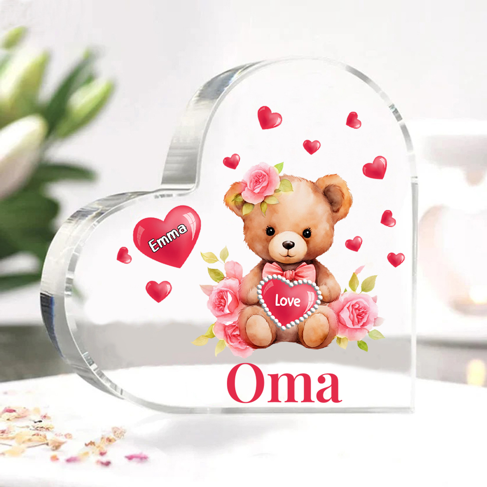 Personalisierter 1 Name & Text & Teddybär-Motiv Herz Acryl-Deko– Perfektes Geschenk für Oma Großmutter