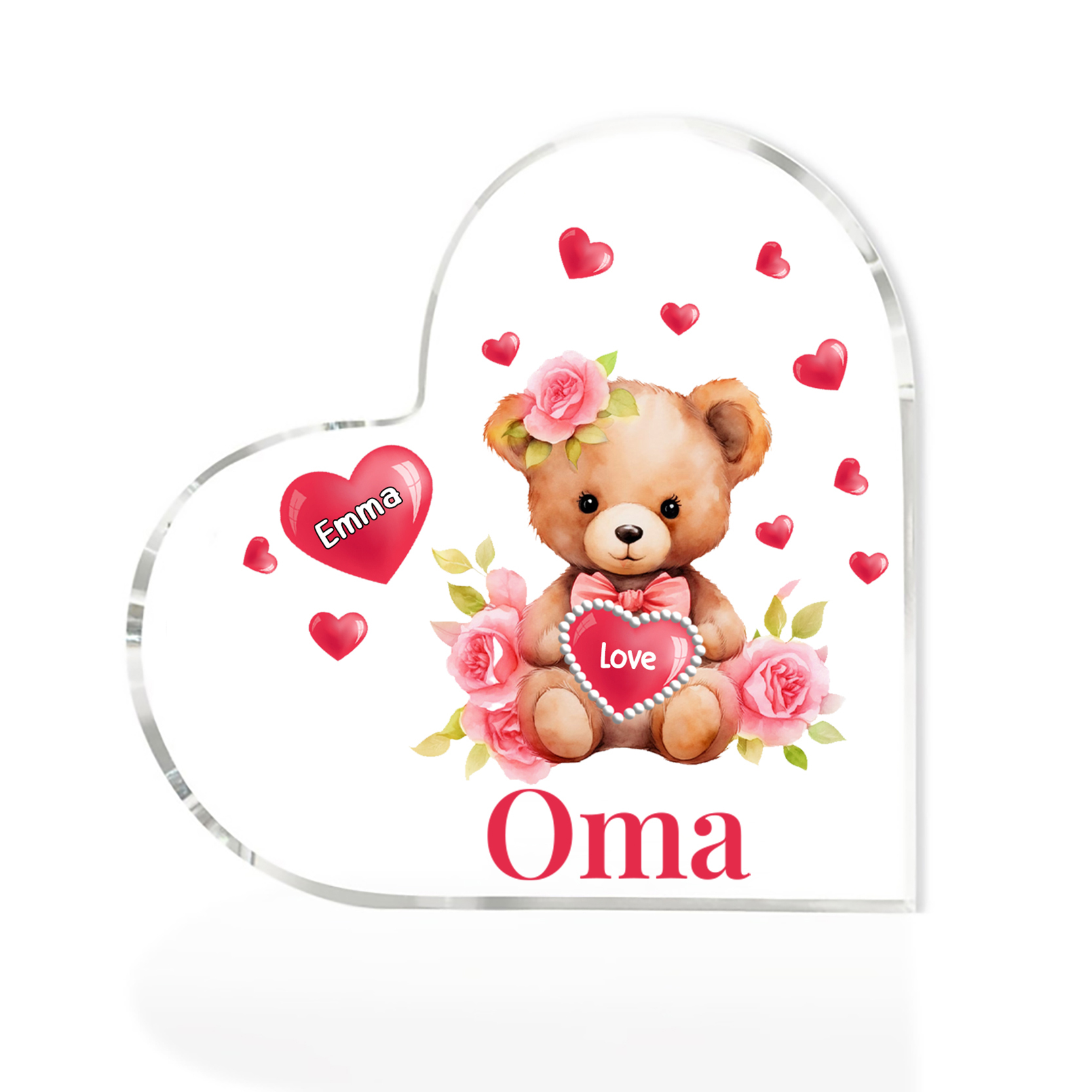 Personalisierter 1 Name & Text & Teddybär-Motiv Herz Acryl-Deko– Perfektes Geschenk für Oma Großmutter
