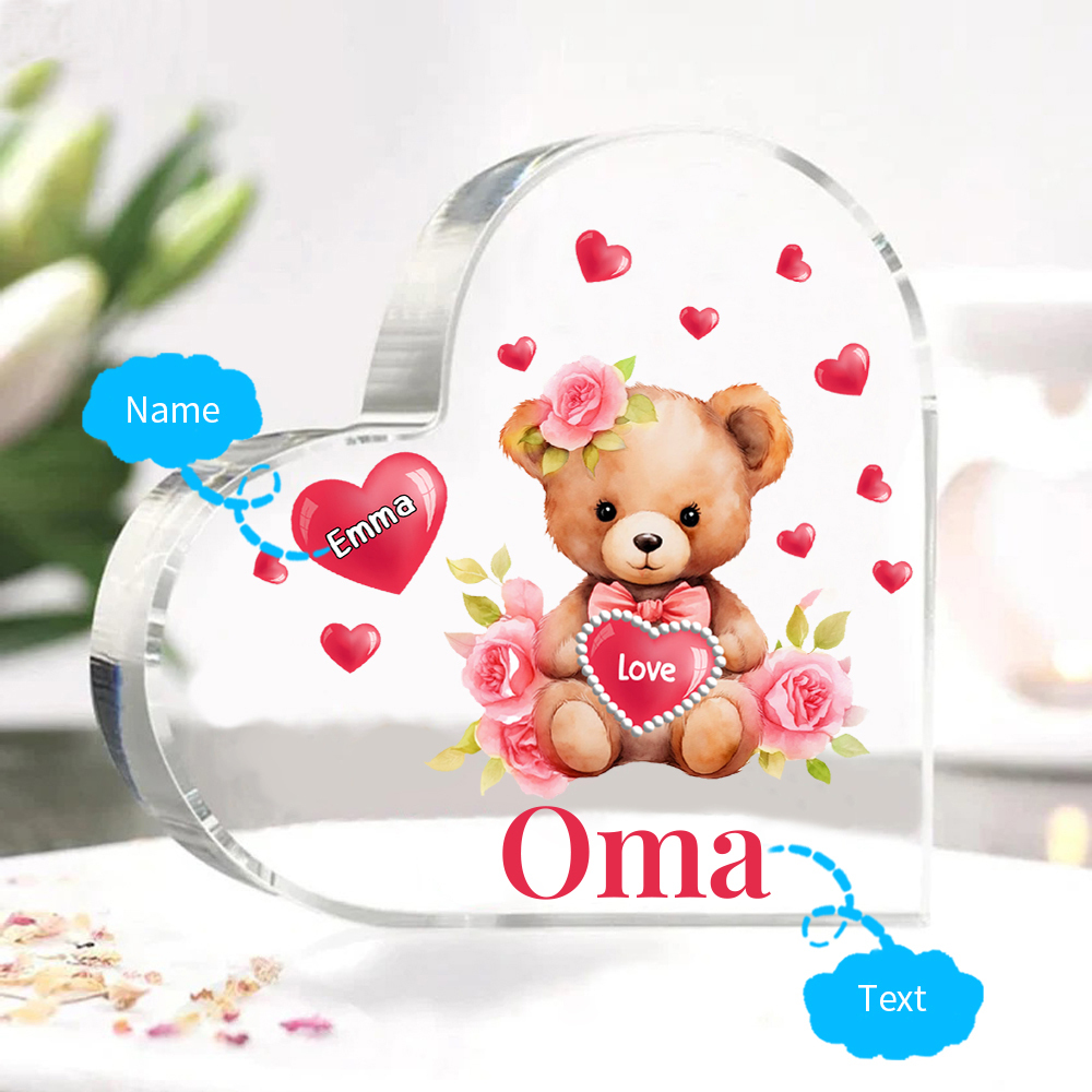 Personalisierter 1 Name & Text & Teddybär-Motiv Herz Acryl-Deko– Perfektes Geschenk für Oma Großmutter