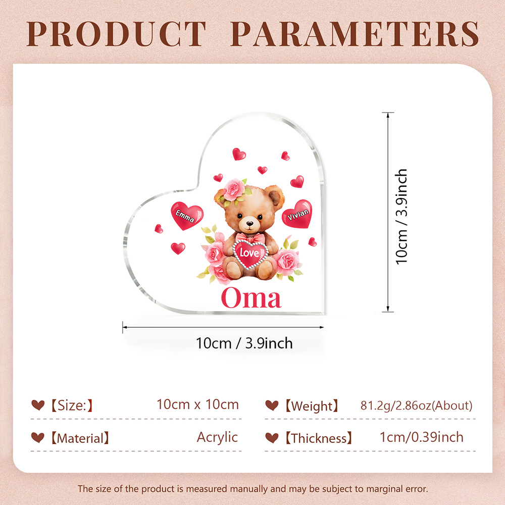 Personalisierte 2 Namen & Text & Teddybär-Motiv Herz Acryl-Deko– Perfektes Geschenk für Oma Großmutter