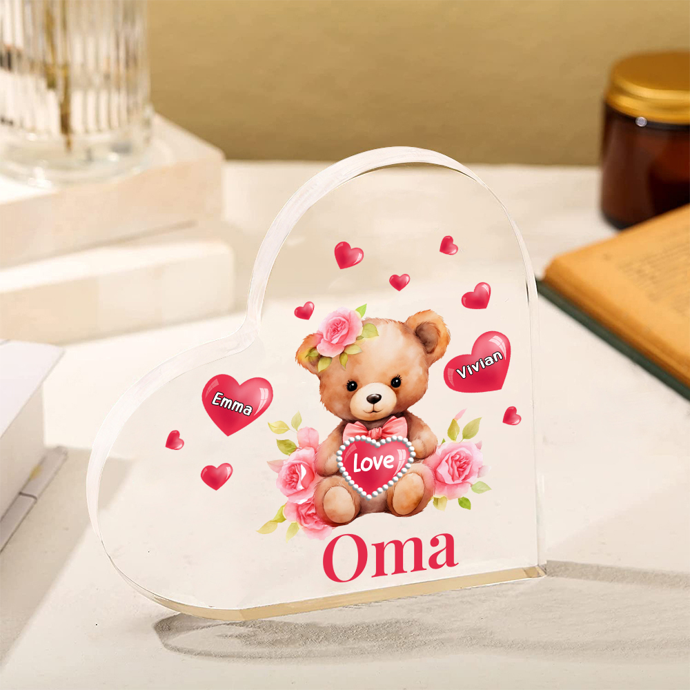 Personalisierte 2 Namen & Text & Teddybär-Motiv Herz Acryl-Deko– Perfektes Geschenk für Oma Großmutter