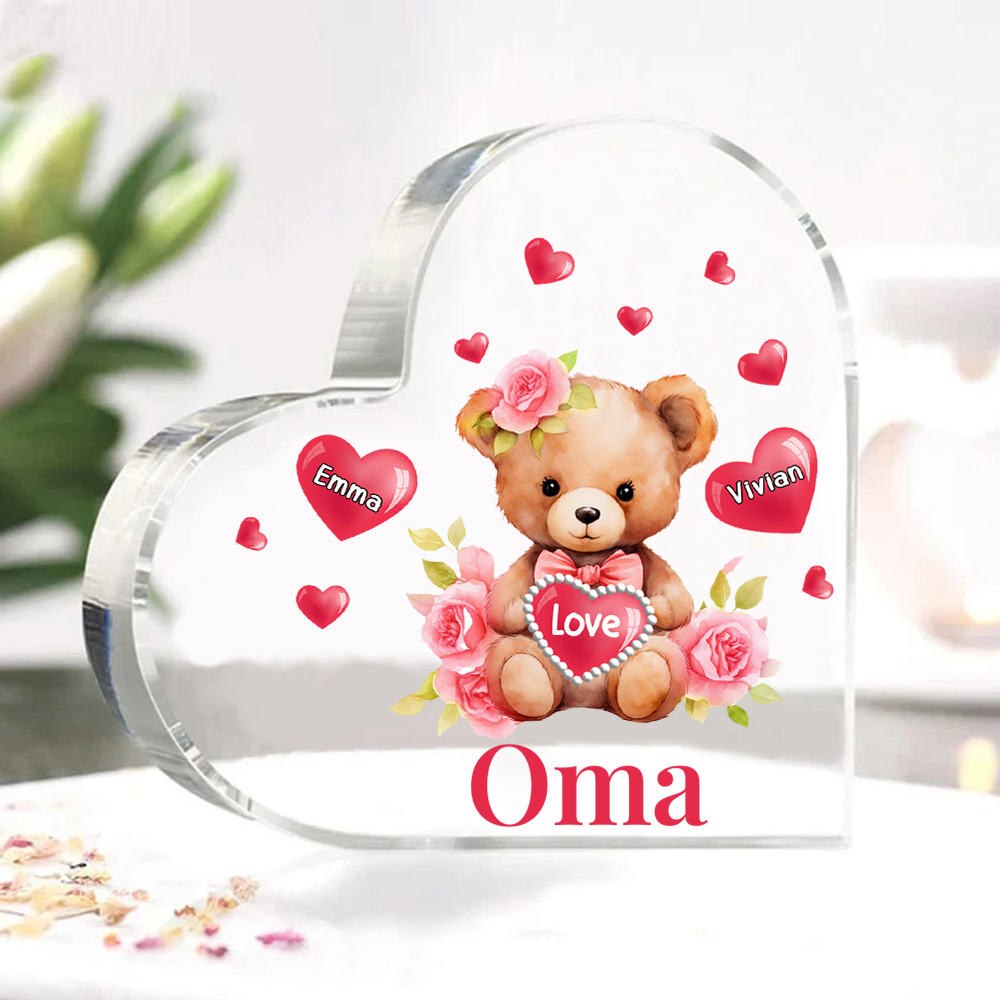 Personalisierte 2 Namen & Text & Teddybär-Motiv Herz Acryl-Deko– Perfektes Geschenk für Oma Großmutter