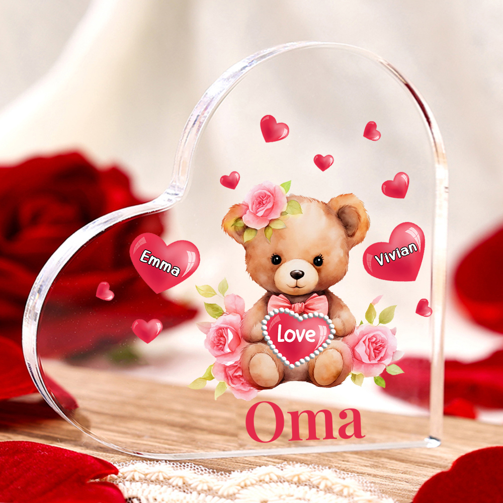 Personalisierte 2 Namen & Text & Teddybär-Motiv Herz Acryl-Deko– Perfektes Geschenk für Oma Großmutter